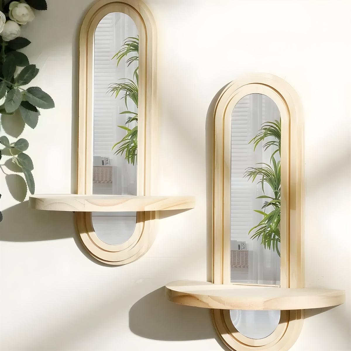 Arched Wooden Wall Mirror With Integrated Display Storage Shelf
