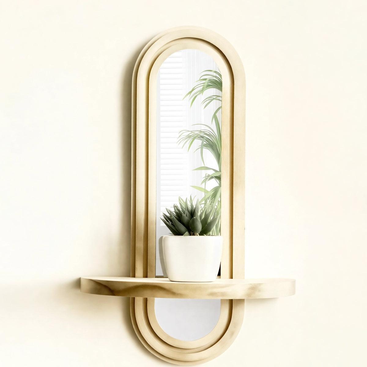 Arched Wooden Wall Mirror With Integrated Display Storage Shelf