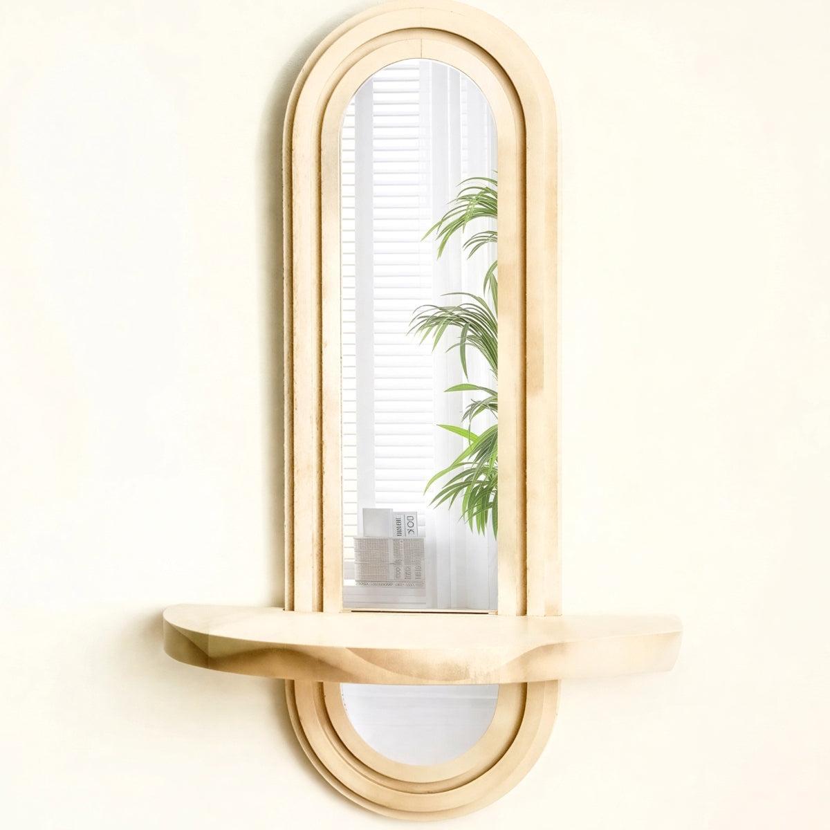 Arched Wooden Wall Mirror With Integrated Display Storage Shelf