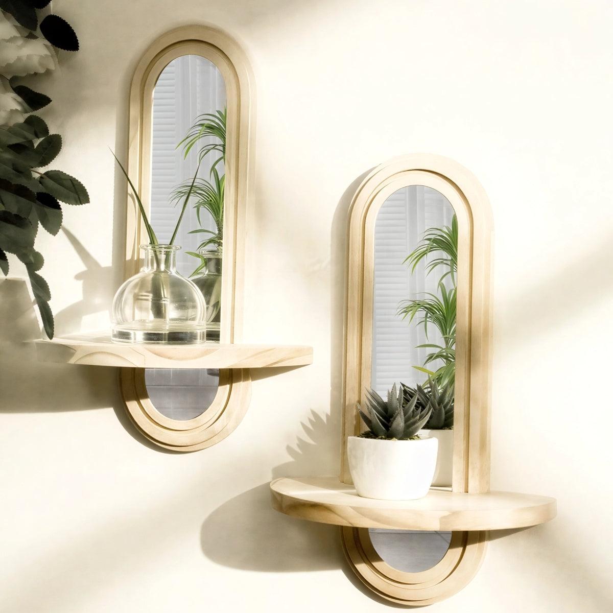 Arched Wooden Wall Mirror With Integrated Display Storage Shelf