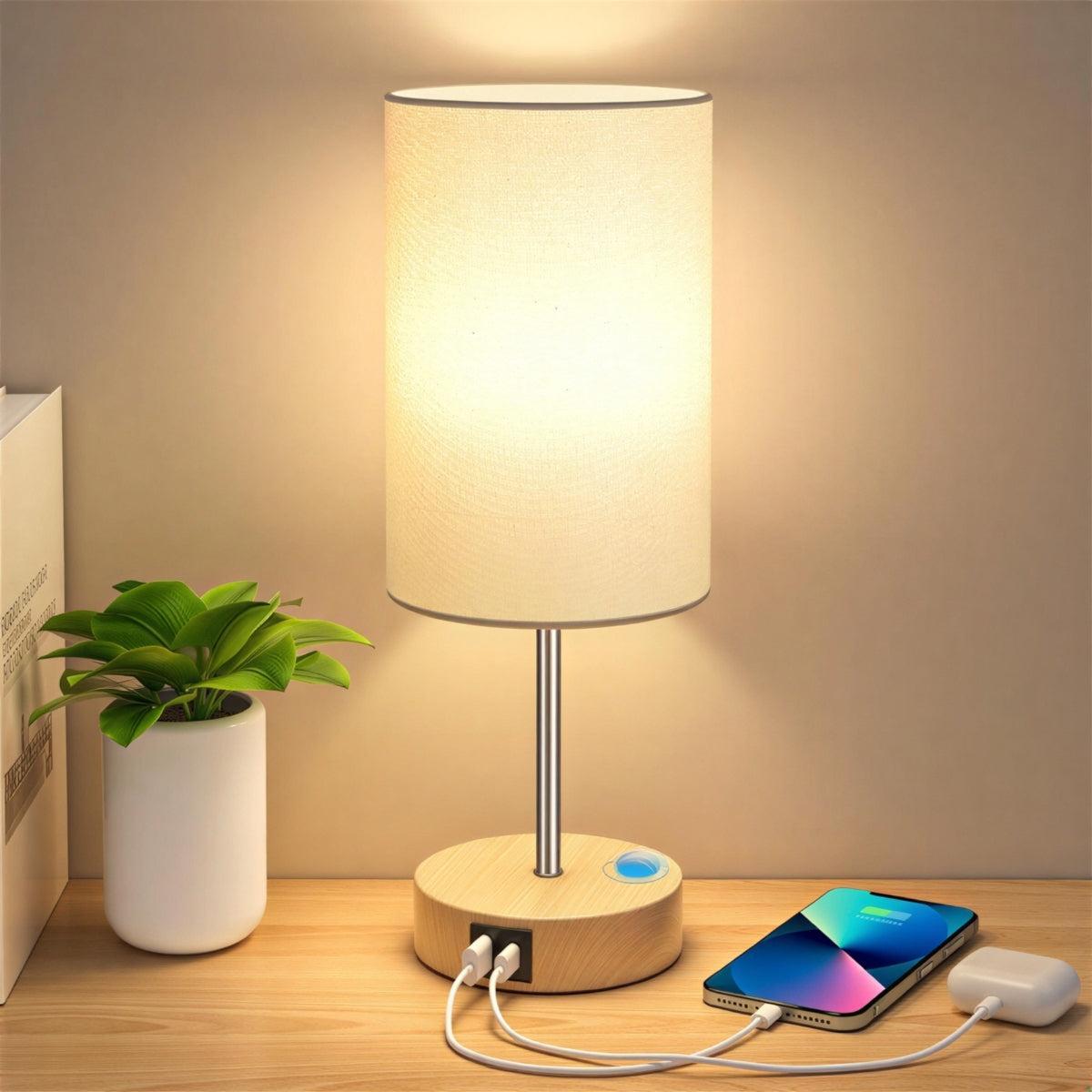 Bedside Table Lamp With Charging Ports And Dimmable Touch Control