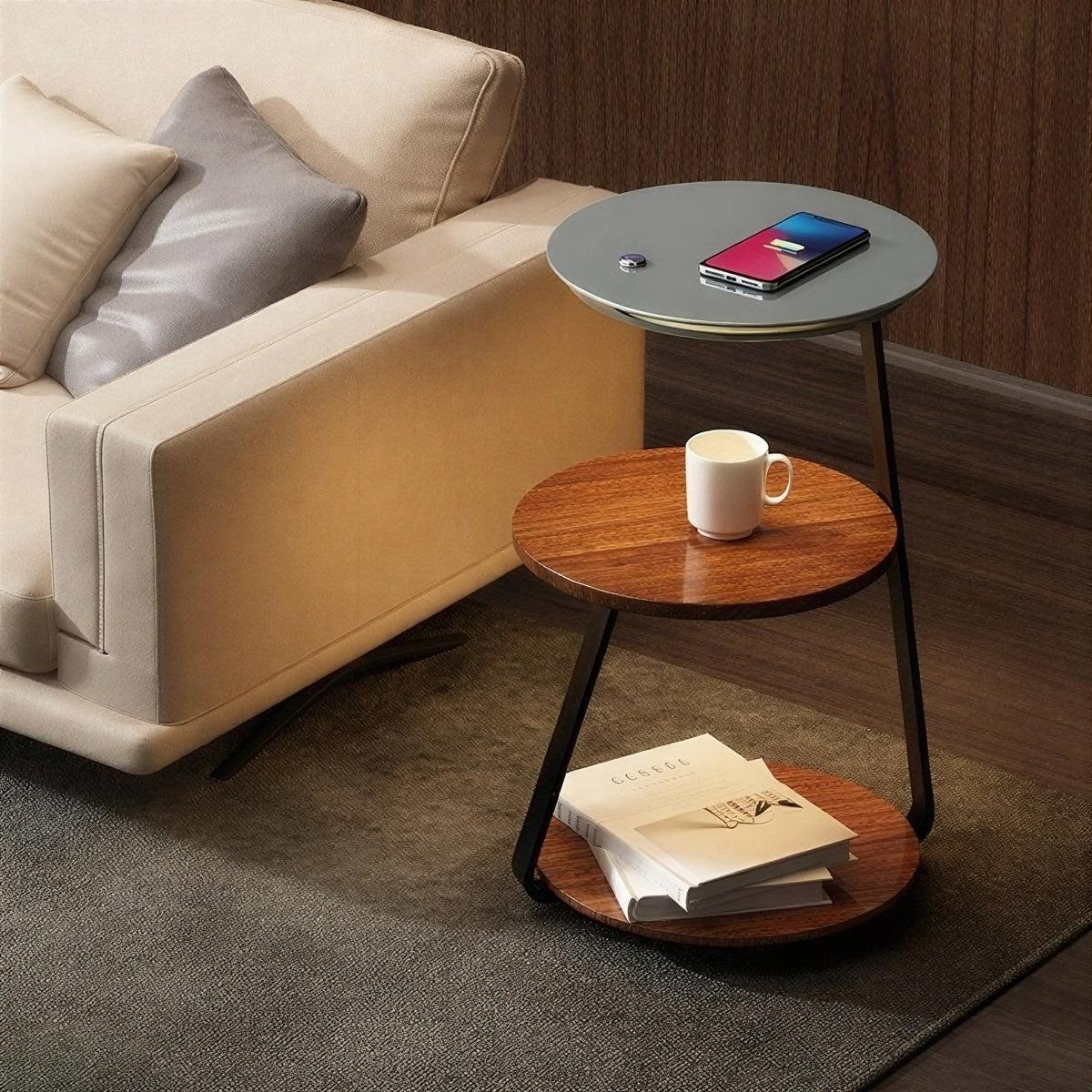 Bedside Table Nightstand With Integrated Lamp And Double Tiered Storage