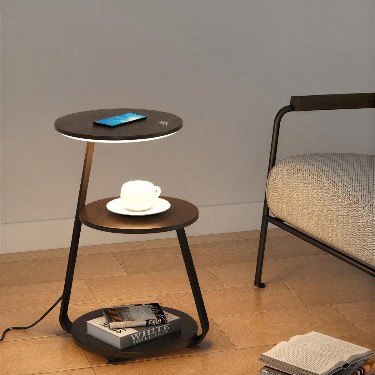 Bedside Table Nightstand With Integrated Lamp And Double Tiered Storage