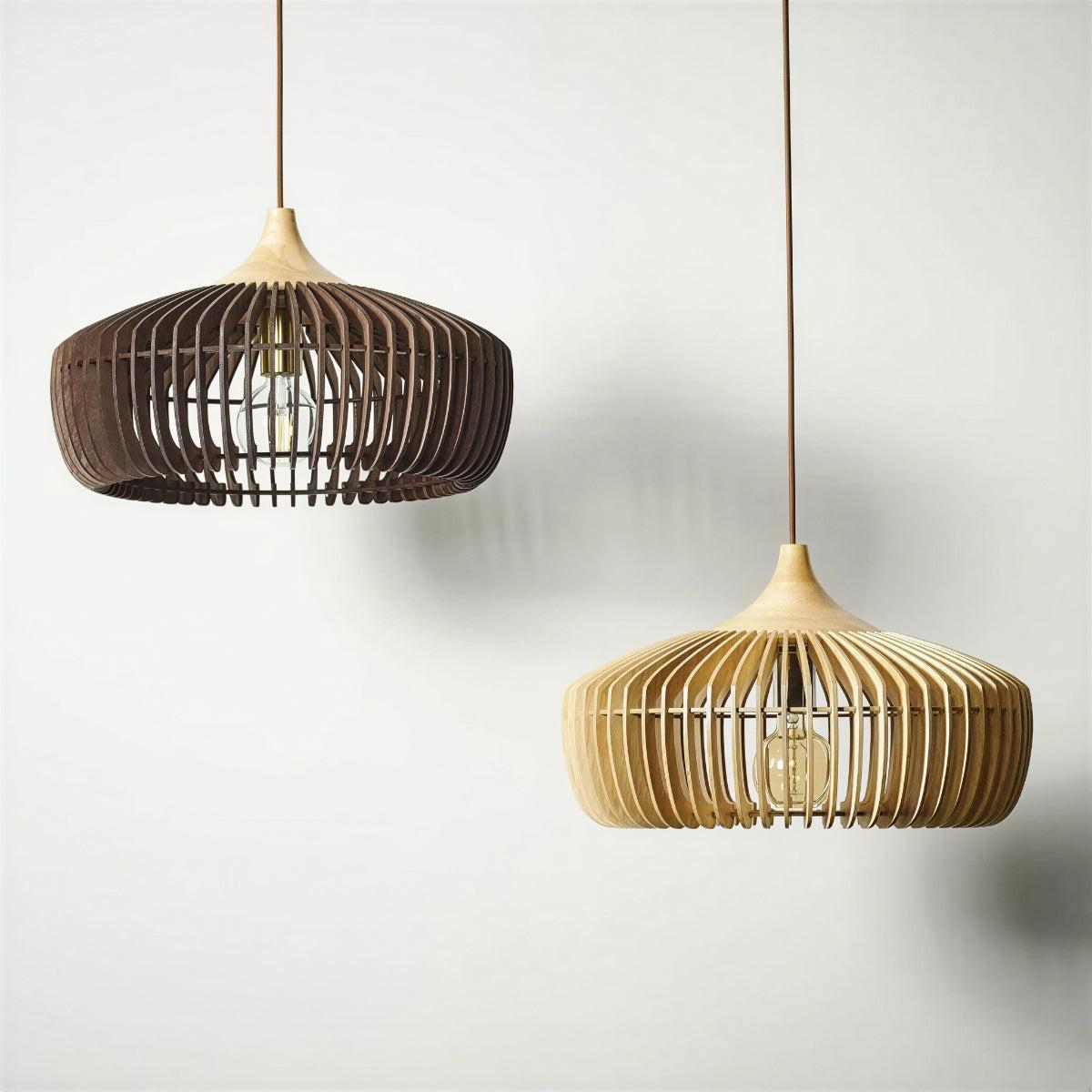 Contemporary Scandinavian Hanging Pendant Lighting Fixture With Wooden Cage