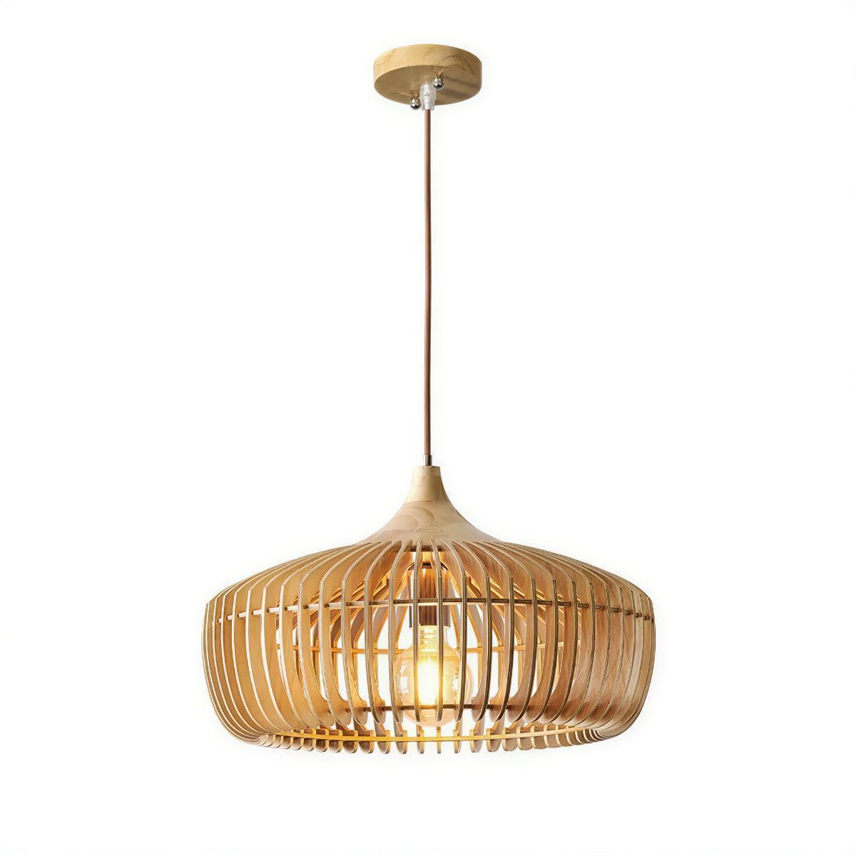 Contemporary Scandinavian Hanging Pendant Lighting Fixture With Wooden Cage
