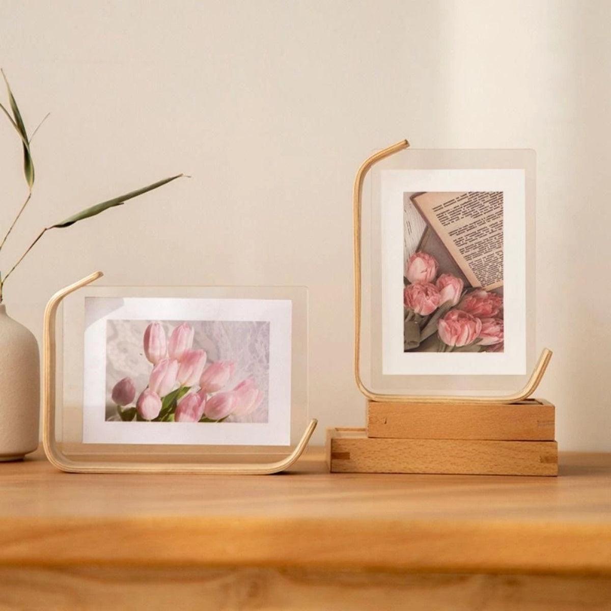 Double Sided Picture Frame For Tabletop Display With Curved Modern Design