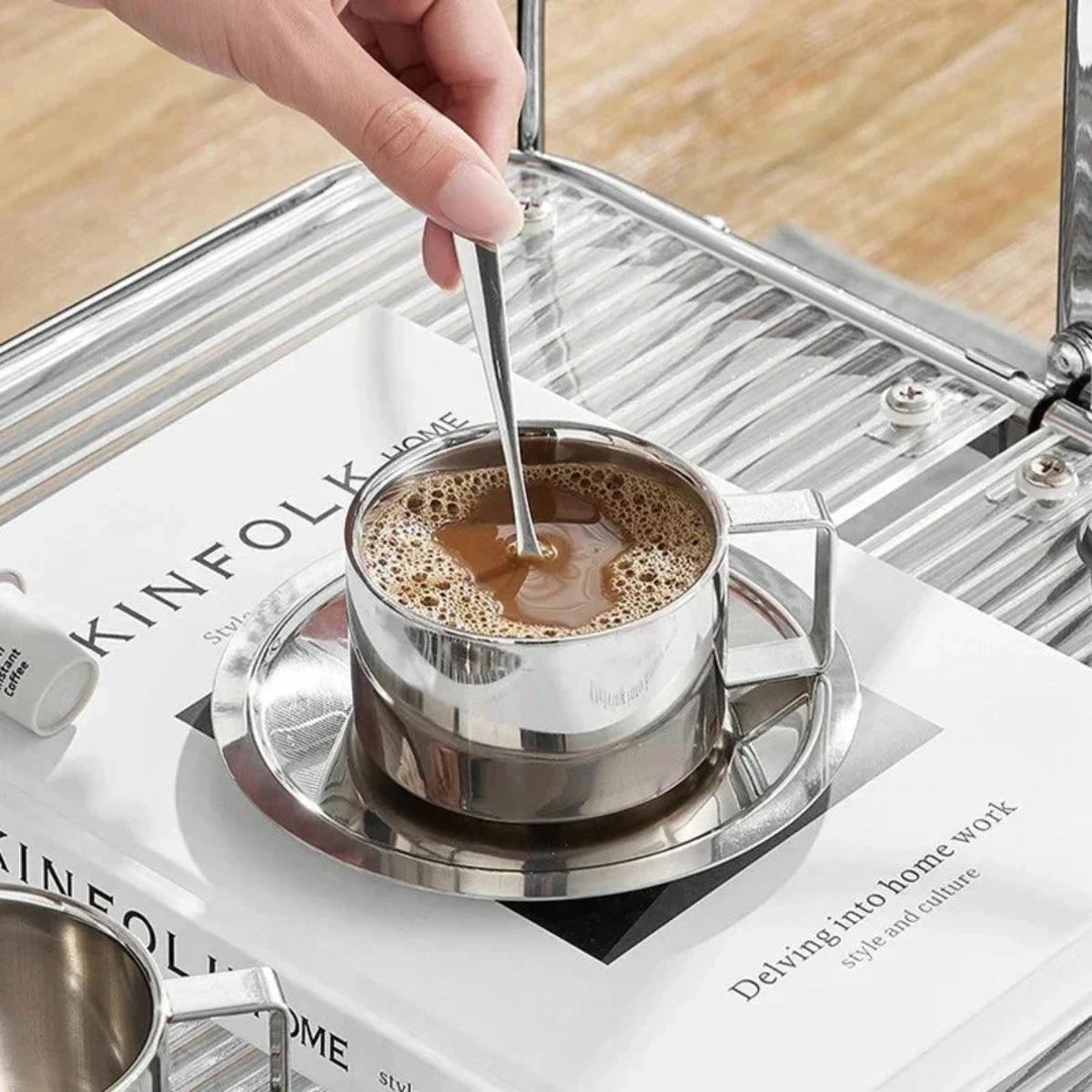 Double Walled Stainless Steel Espresso Cup And Saucer Set With Stirring Spoon