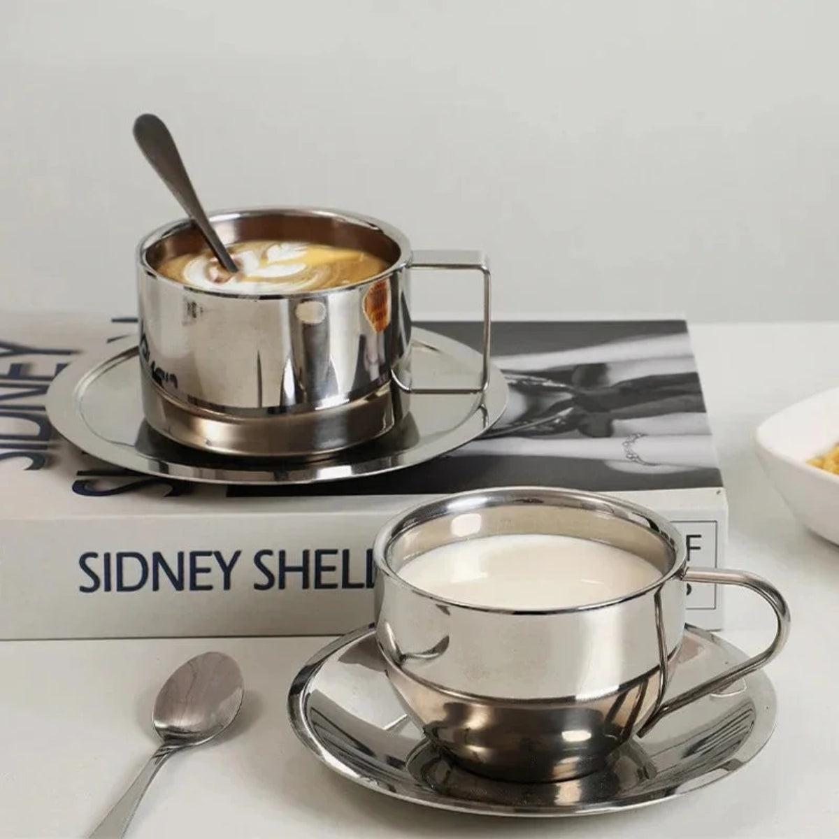Double Walled Stainless Steel Espresso Cup And Saucer Set With Stirring Spoon
