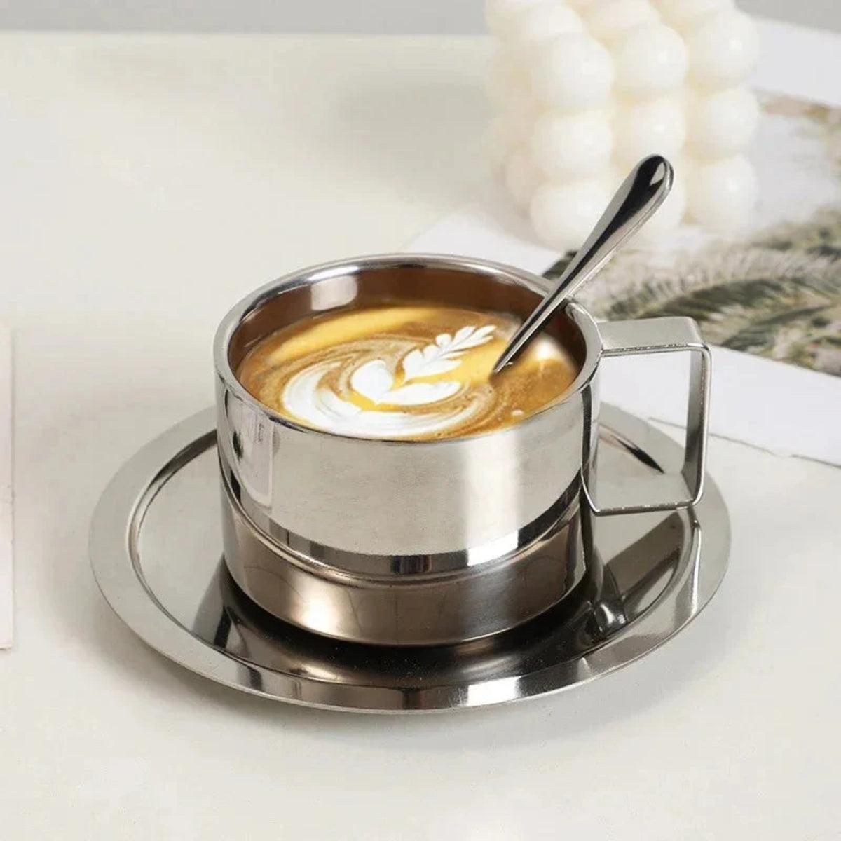 Double Walled Stainless Steel Espresso Cup And Saucer Set With Stirring Spoon