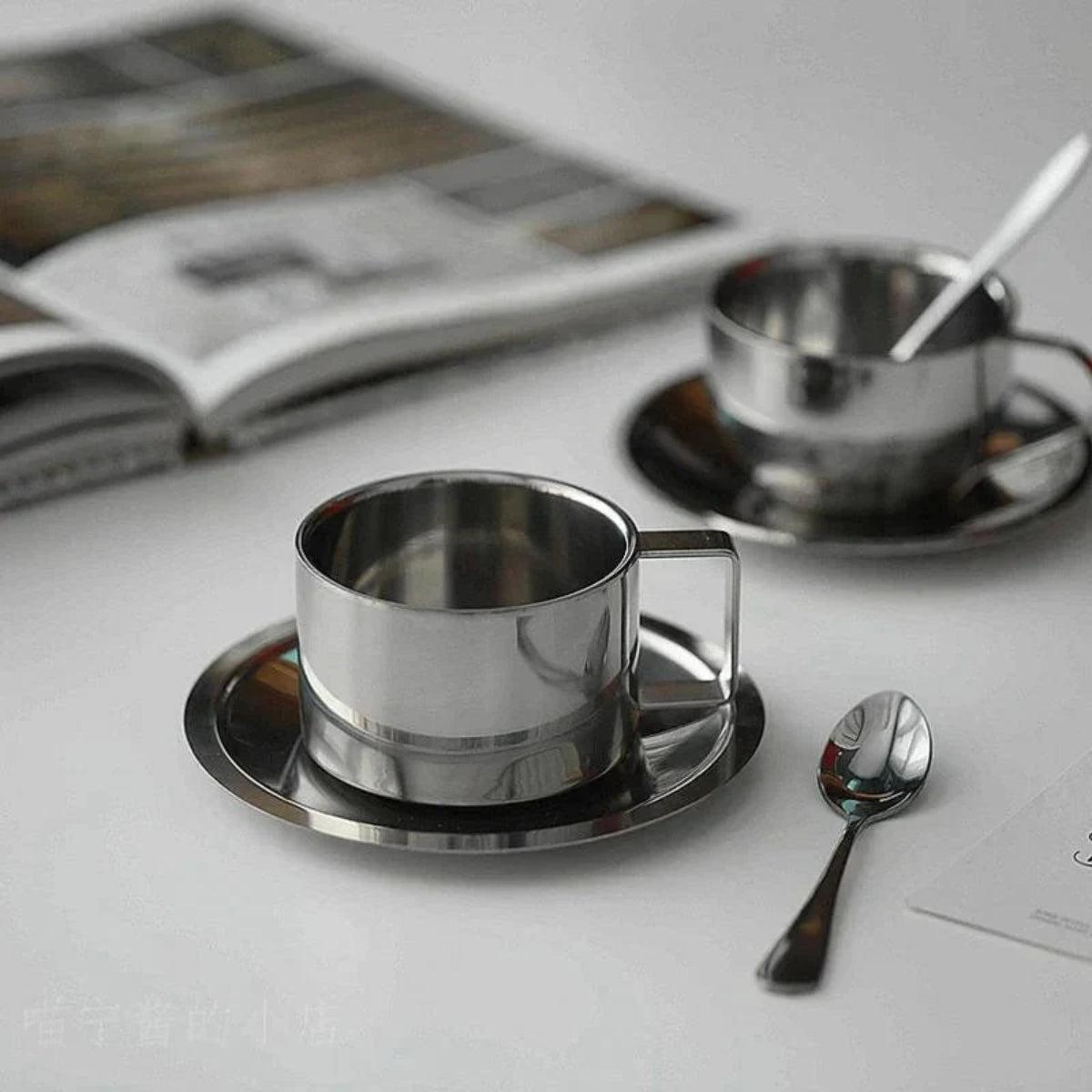 Double Walled Stainless Steel Espresso Cup And Saucer Set With Stirring Spoon