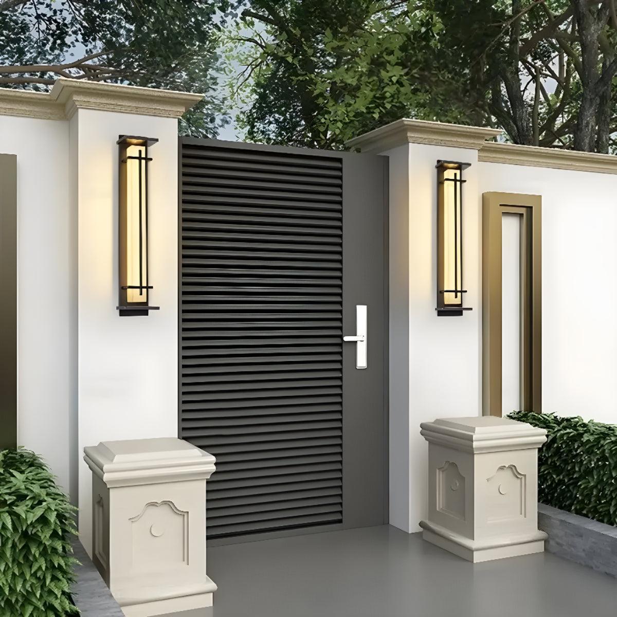 Exterior Alabaster Wall Light With Modern Architectural Vertical Cage Design