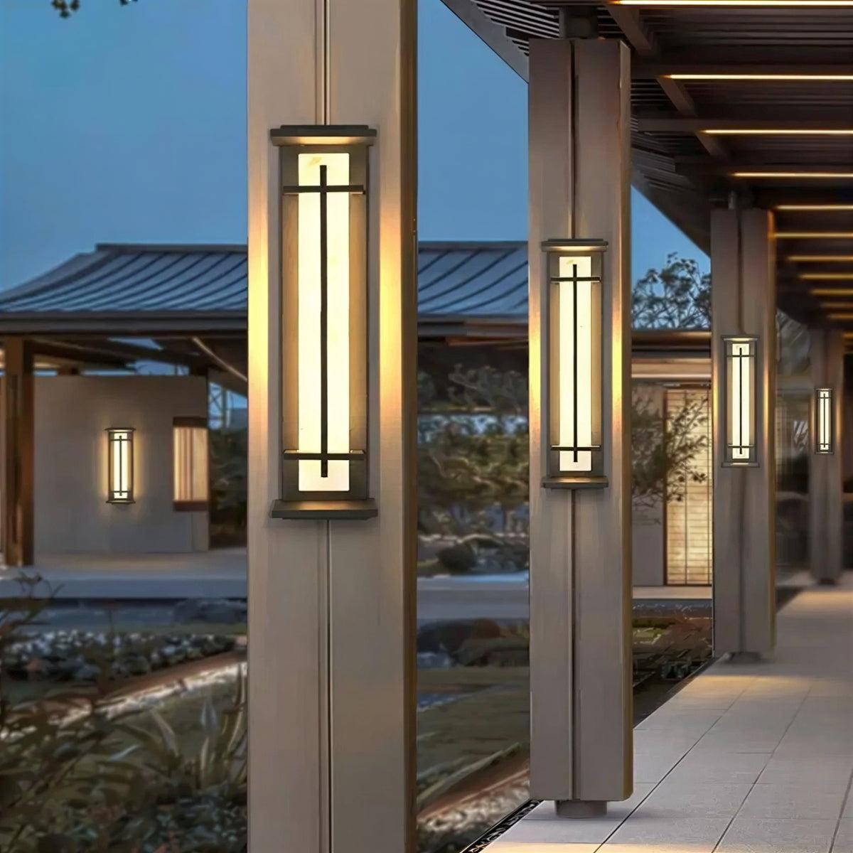 Exterior Alabaster Wall Light With Modern Architectural Vertical Cage Design
