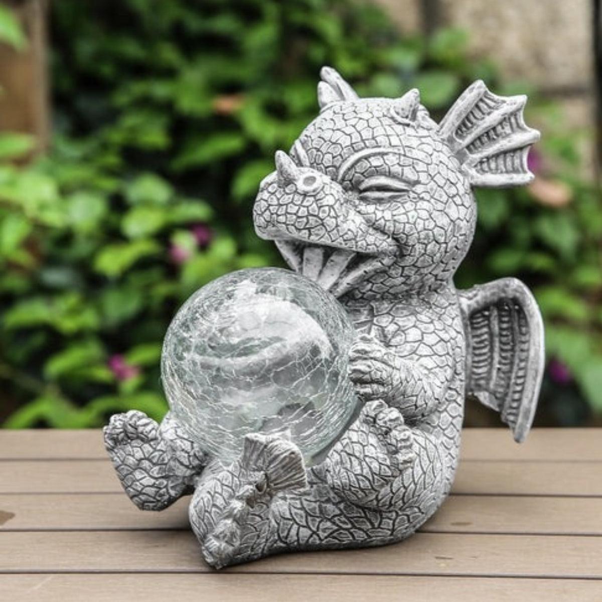 Garden Dragon Statue With Solar Powered Glowing Light Globe