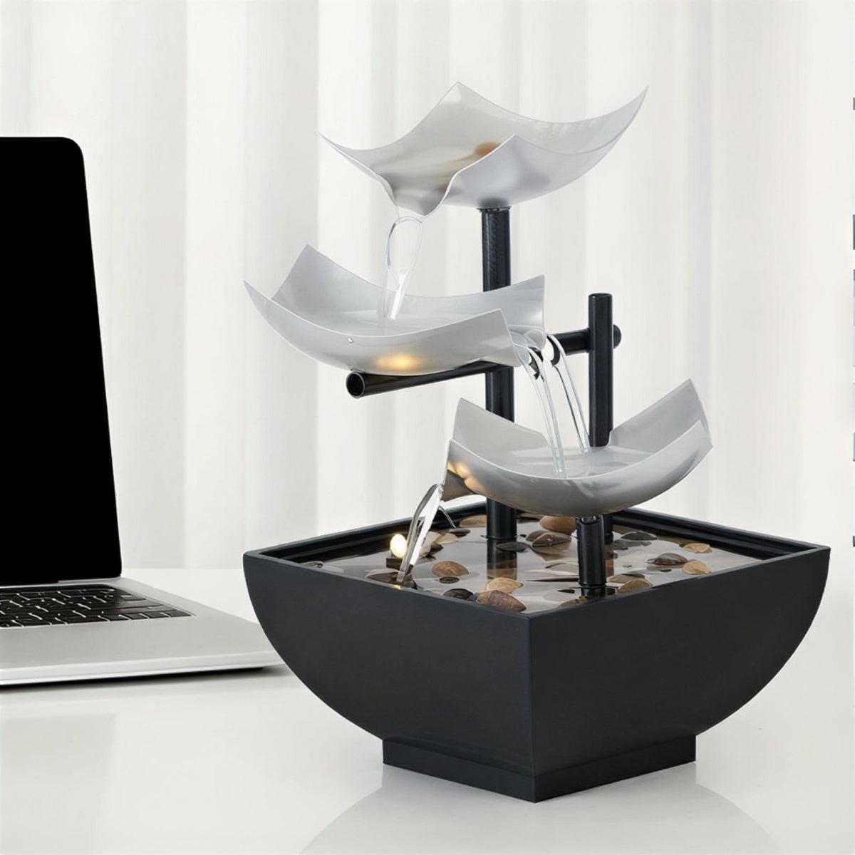 Indoor Multi Tiered Tabletop Waterfall Fountain With LED Lighting And Stones