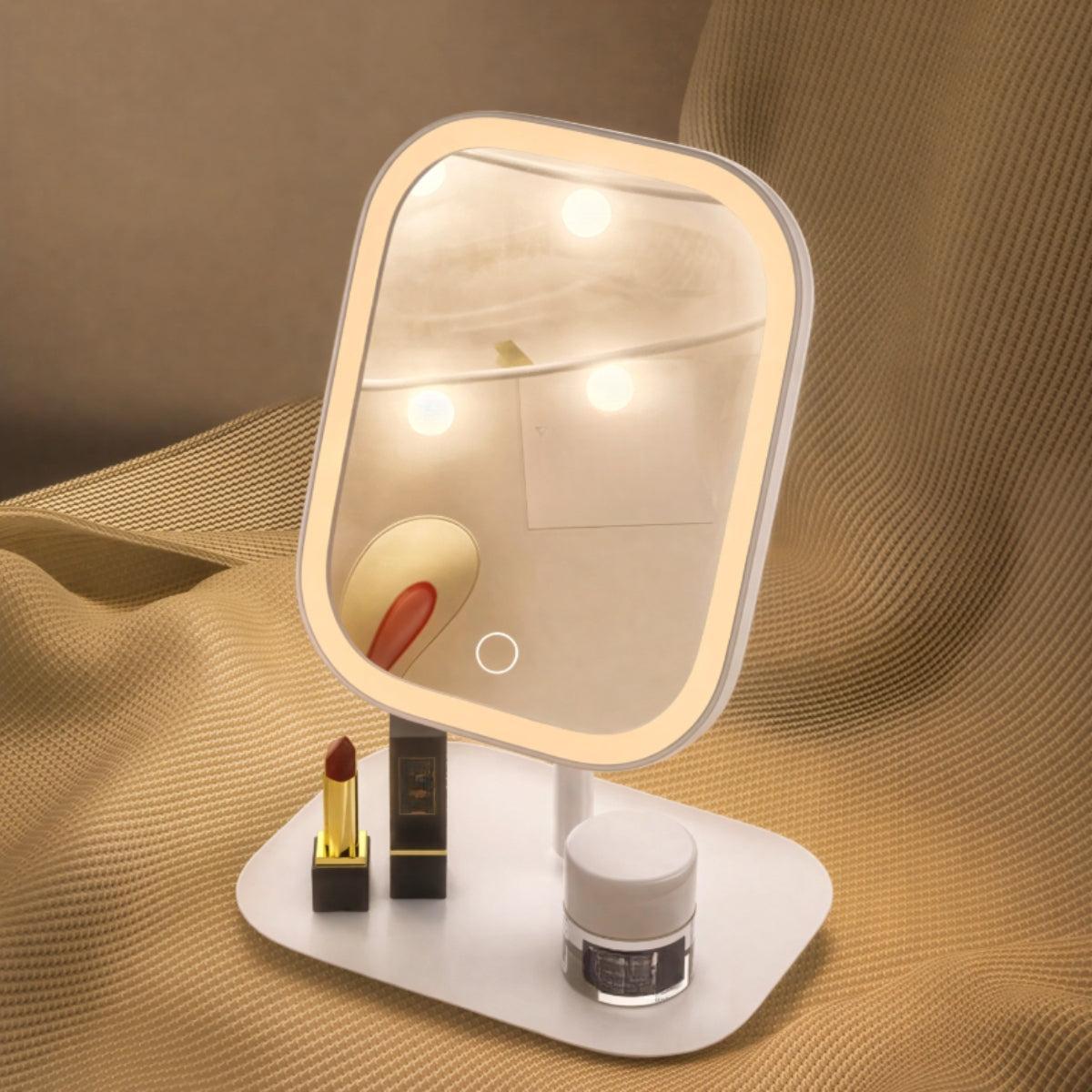 LED Dressing Table Mirror With Light And Rotating Display Station For Makeup