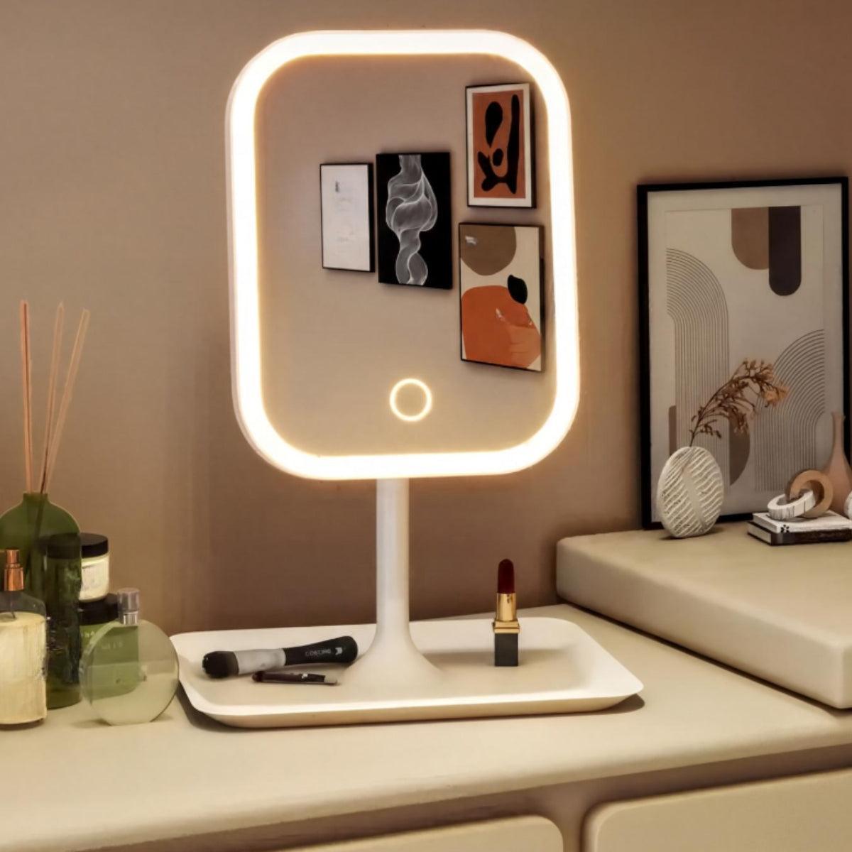 LED Dressing Table Mirror With Light And Rotating Display Station For Makeup