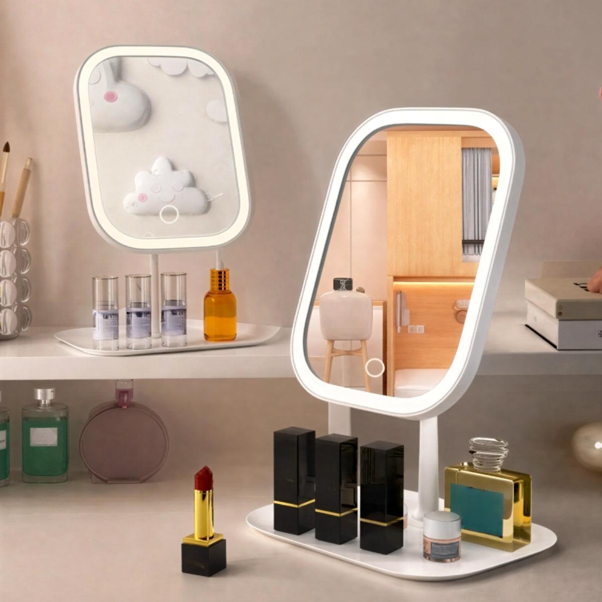 LED Dressing Table Mirror With Light And Rotating Display Station For Makeup