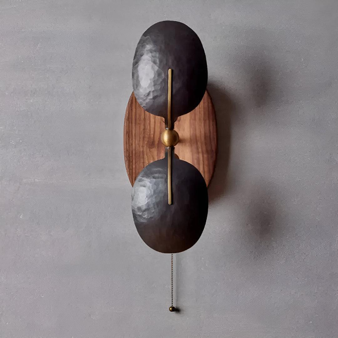 Metal and Walnut Wall Light Sconce With Pull Chain Switch