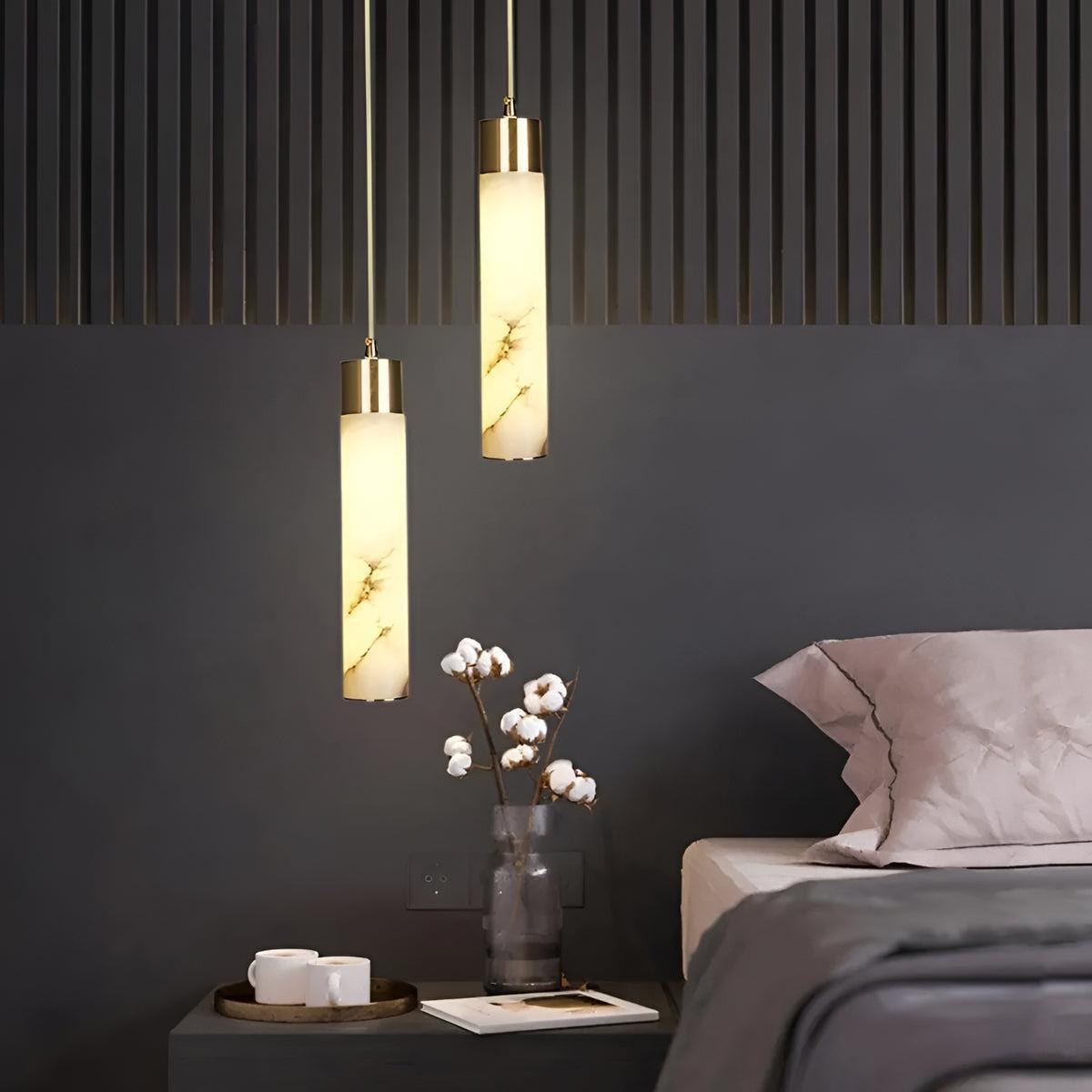 Modern Alabaster Ceiling Pendant Light With Marbled Detail And Brass Base