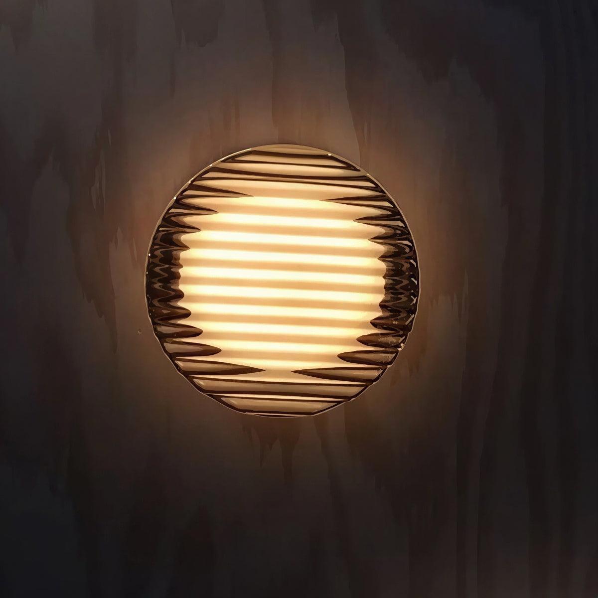 Modern Circular Wall Light With Ribbed Grated Glass And Ambient Glow