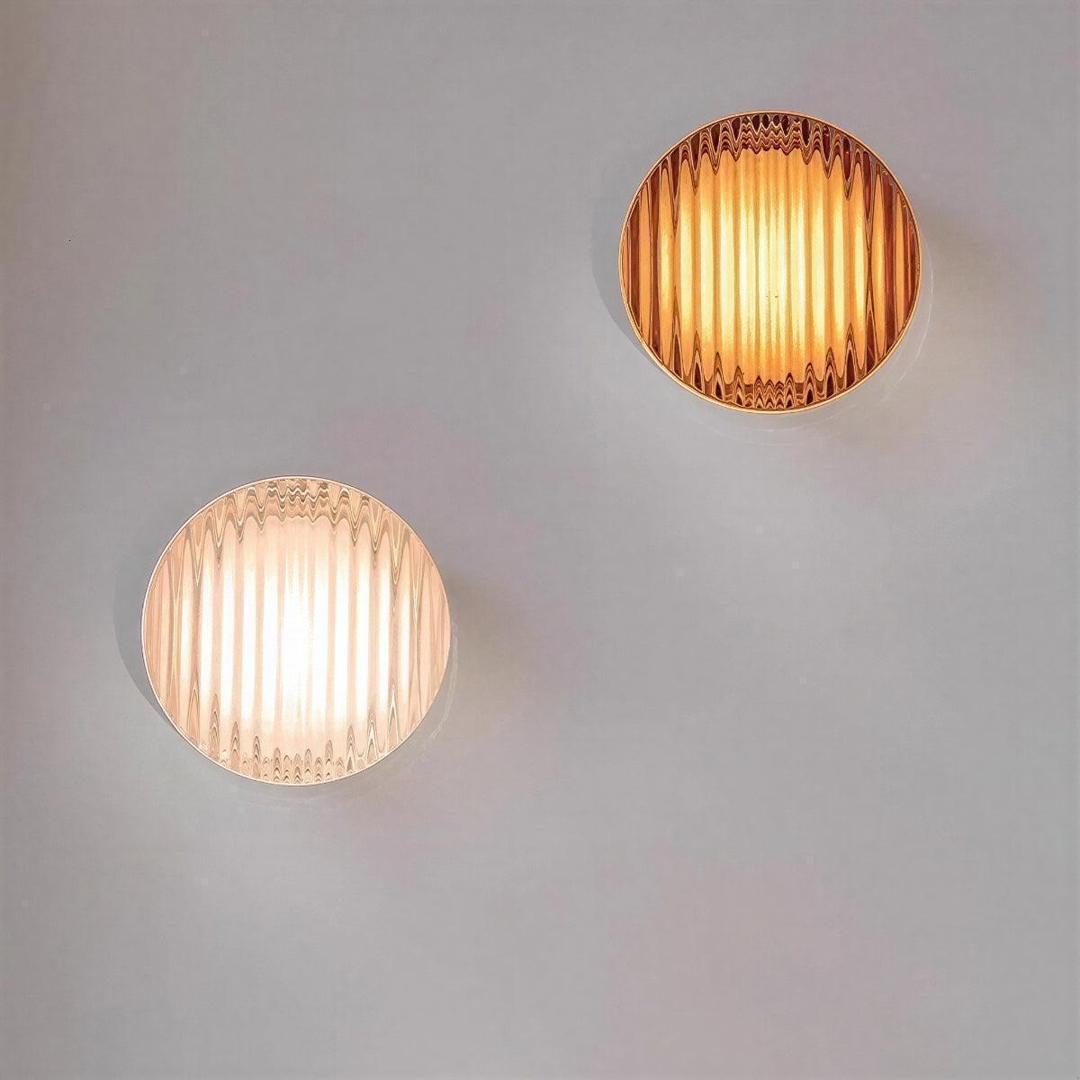 Modern Circular Wall Light With Ribbed Grated Glass And Ambient Glow