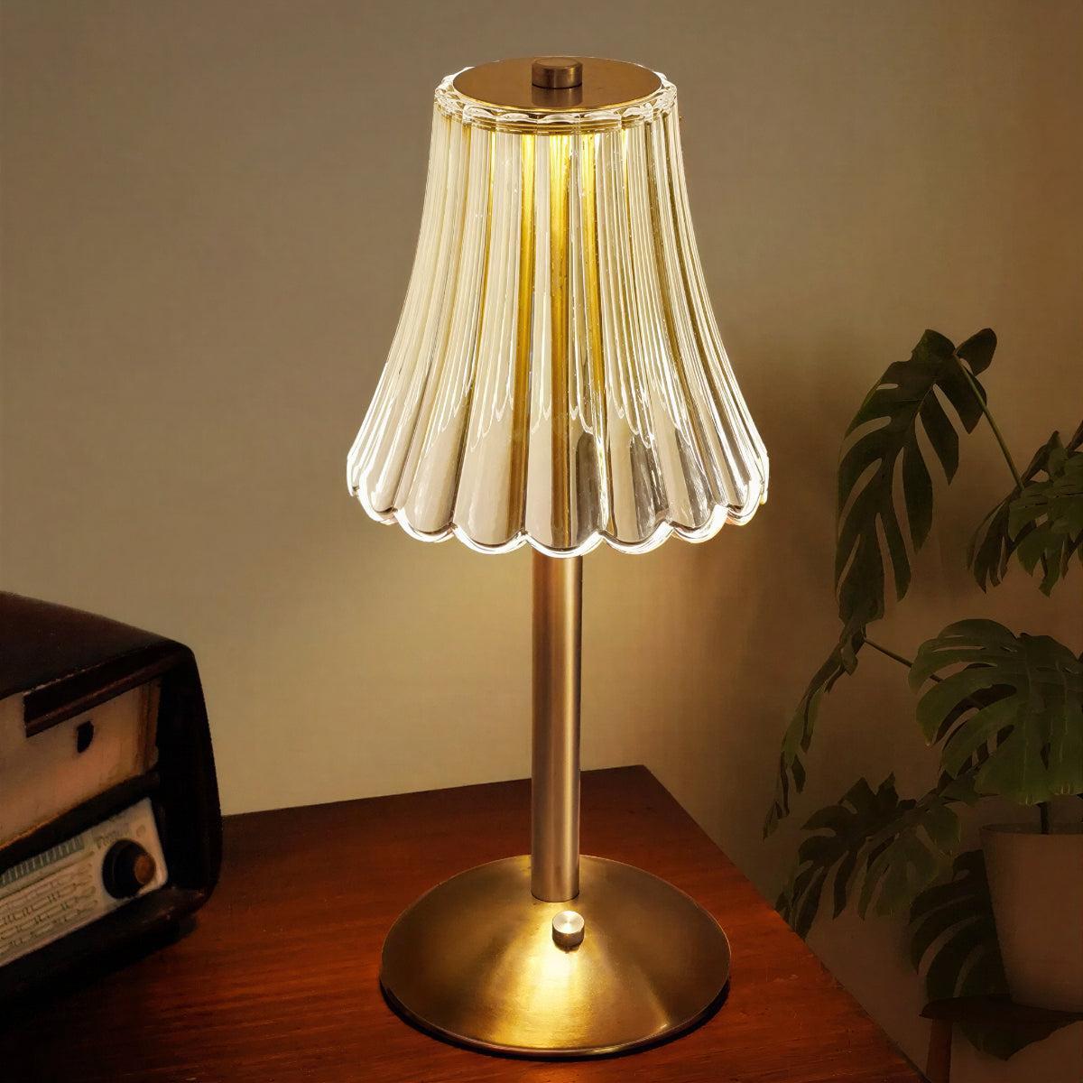 Rechargeable Crystal Table Lamp With Ribbed Shade Design
