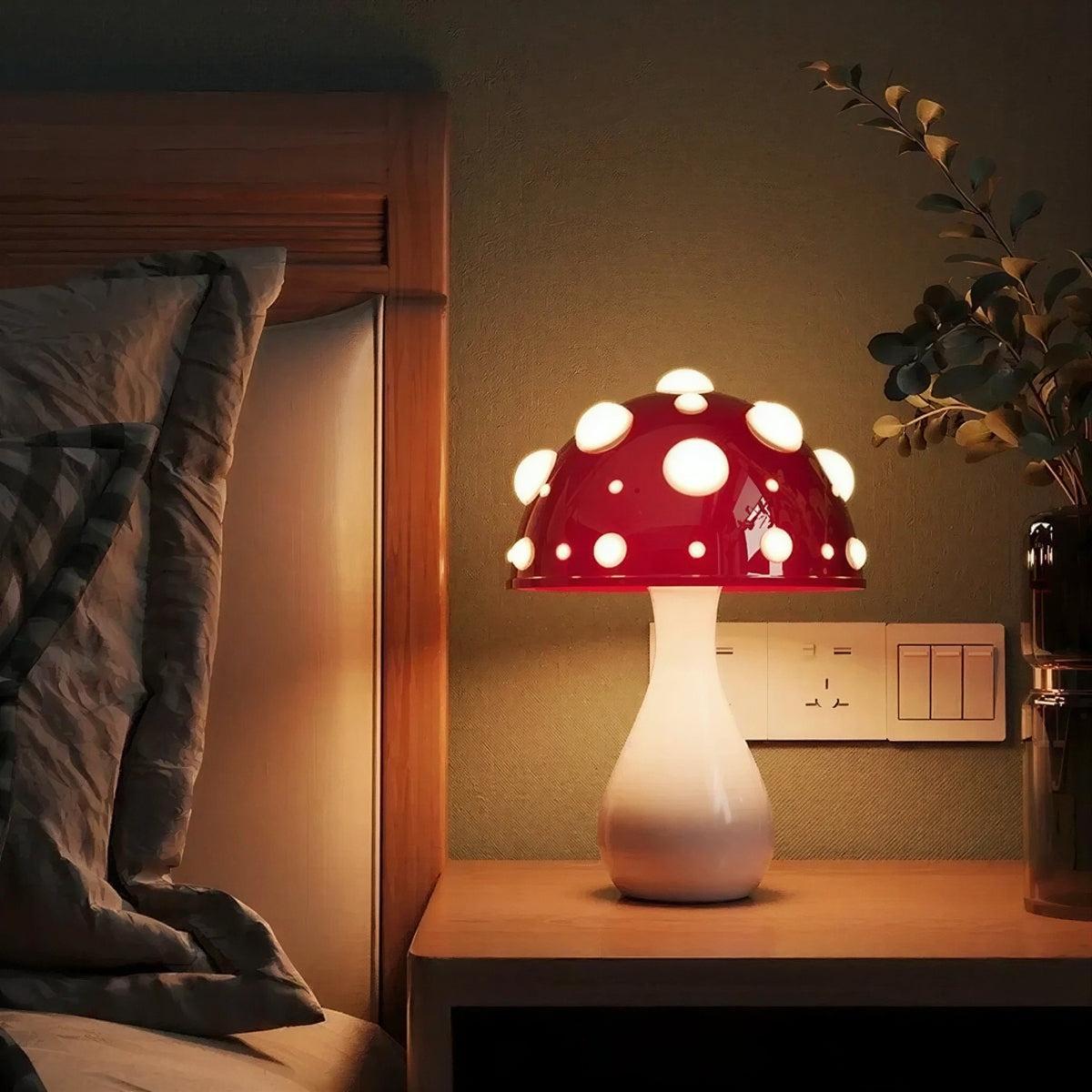 Red Mushroom Table Lamp With Ambient Glow