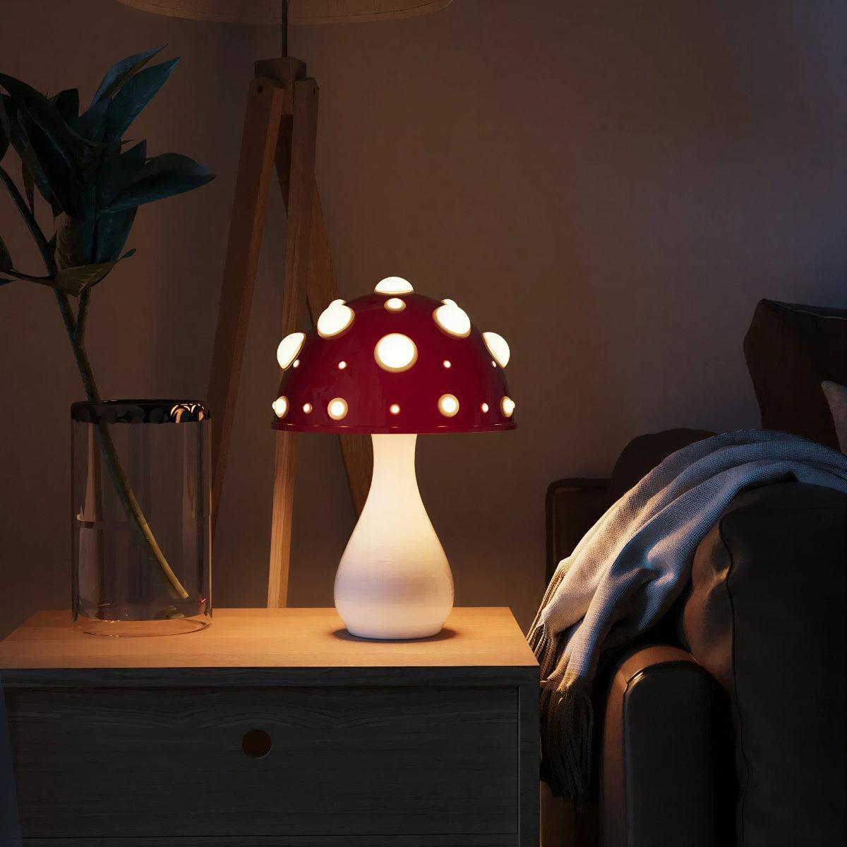 Red Mushroom Table Lamp With Ambient Glow