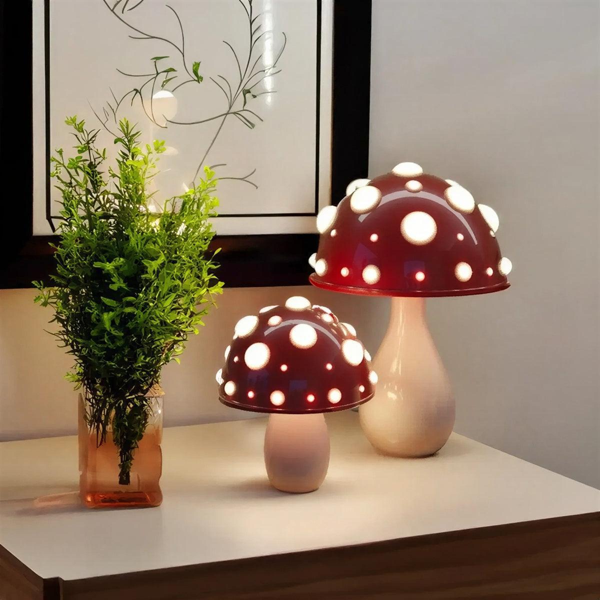 Red Mushroom Table Lamp With Ambient Glow