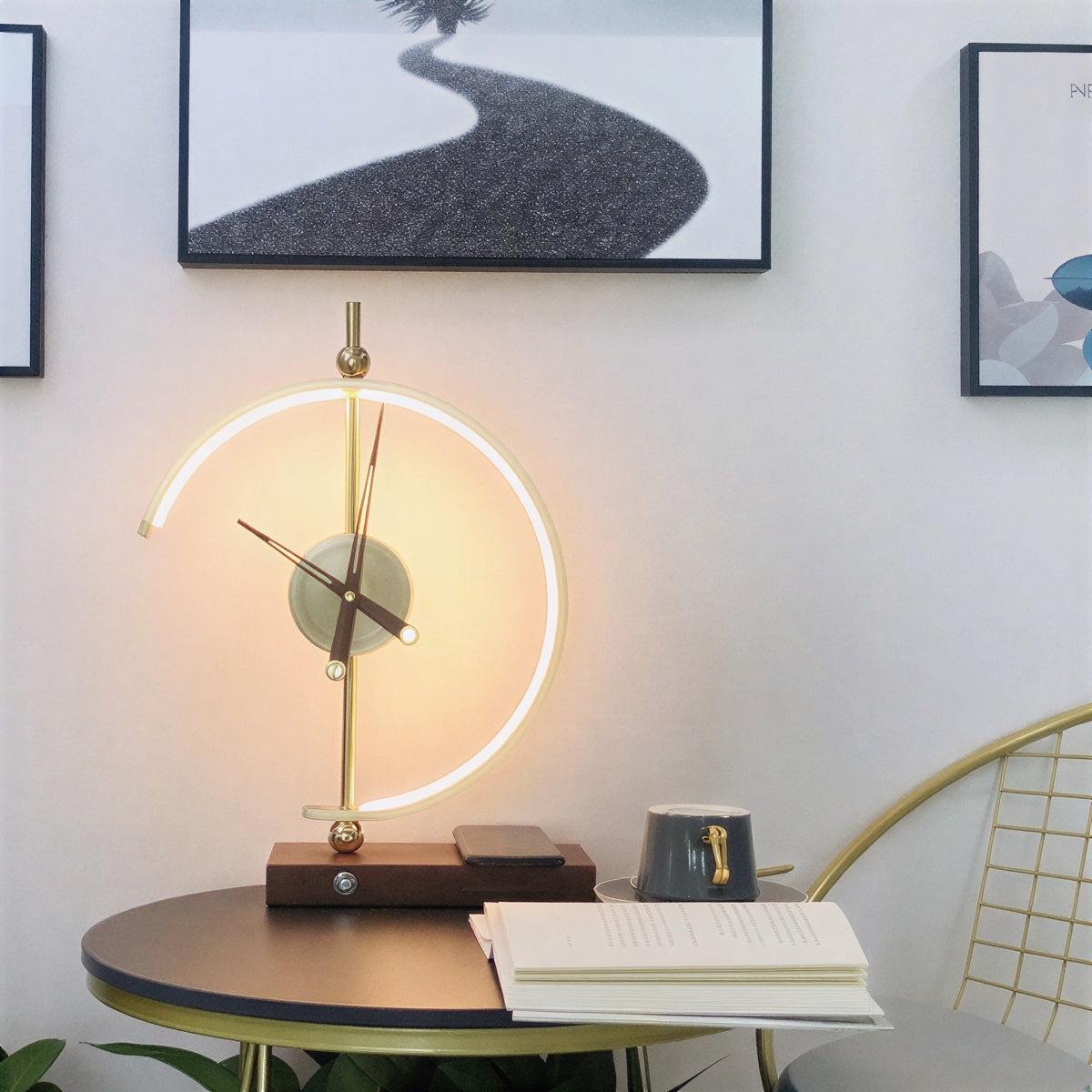 Silent Clock Table Lamp With Touch Control And Integrated Wireless Charging Station