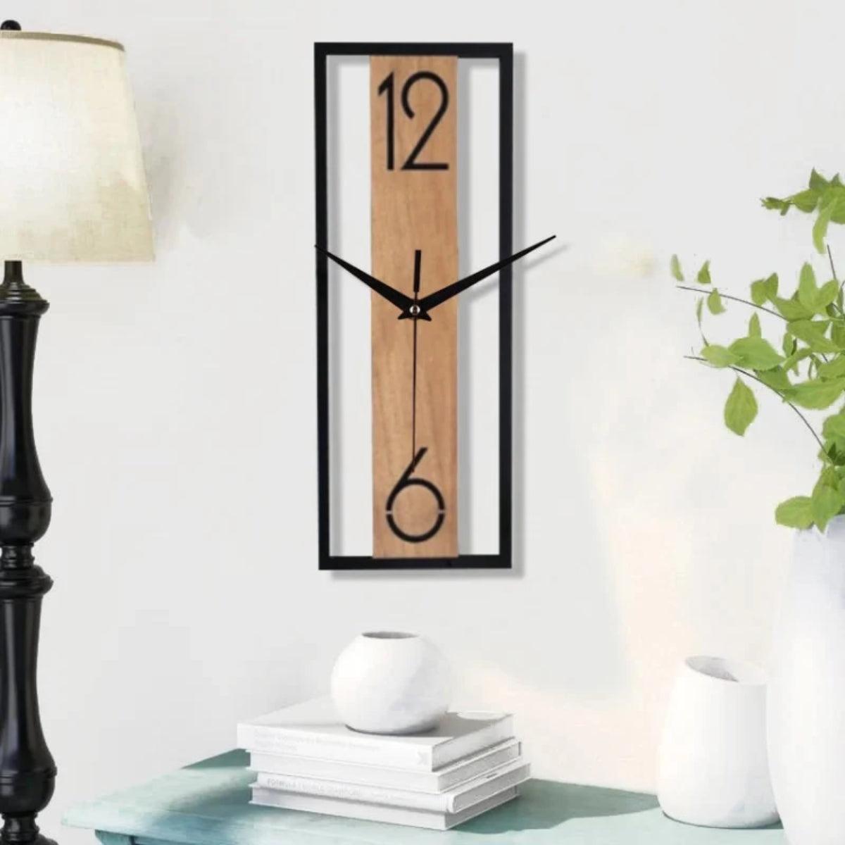 Silent Wall Clock With Slim Rectangular Wood And Metal Design