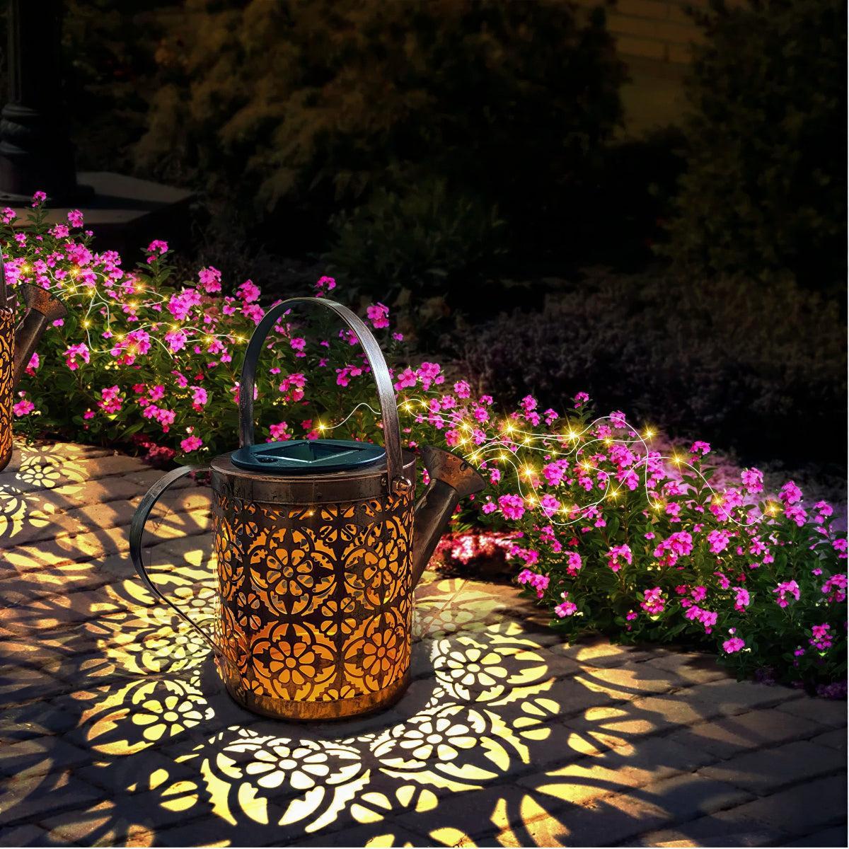 Solar Powered Garden Light With Cascading Watering Can Lantern Feature