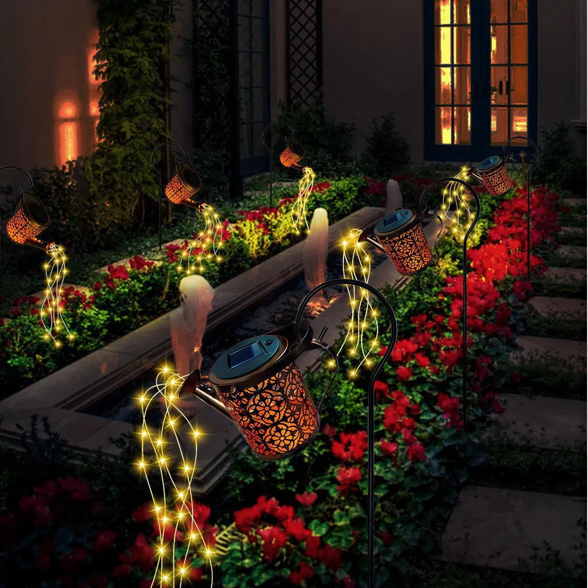 Solar Powered Garden Light With Cascading Watering Can Lantern Feature
