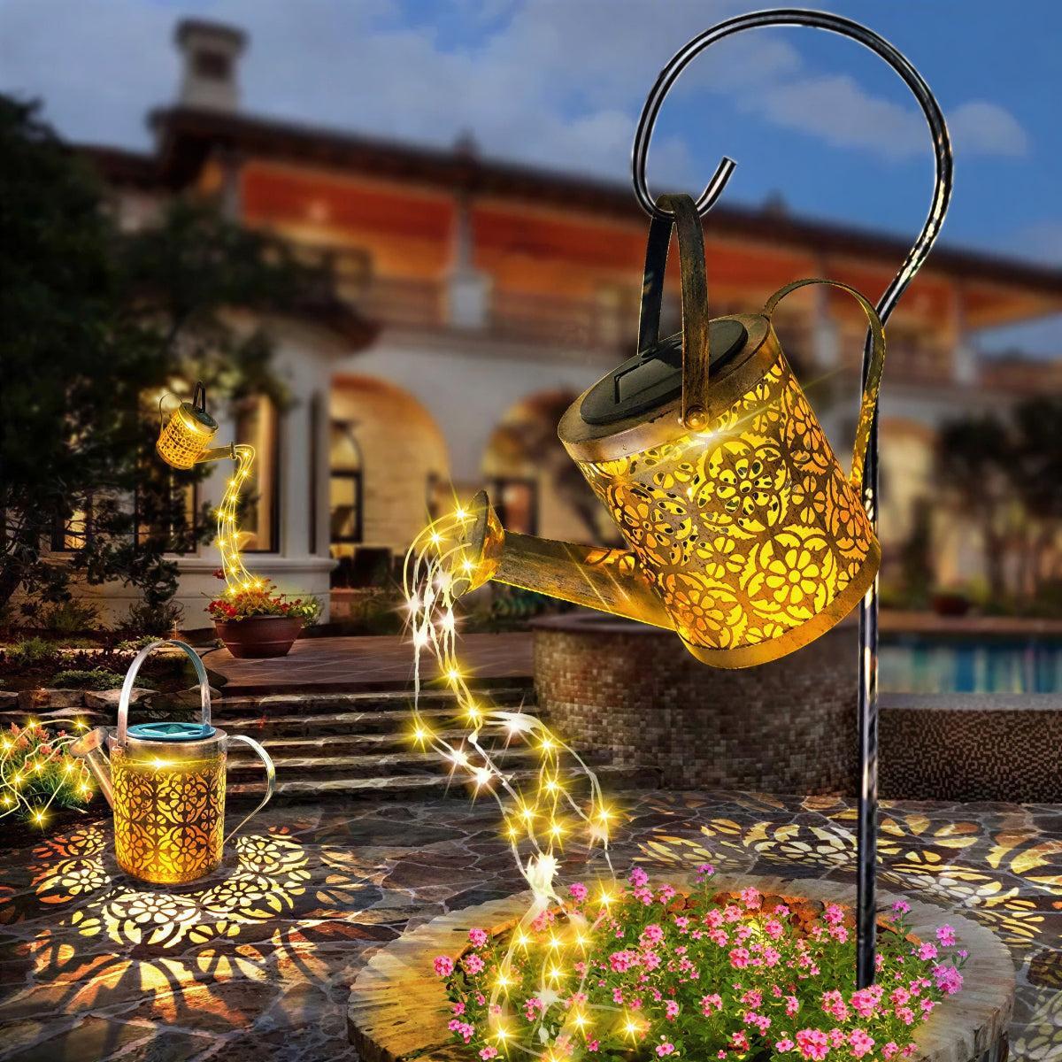 Solar Powered Garden Light With Cascading Watering Can Lantern Feature
