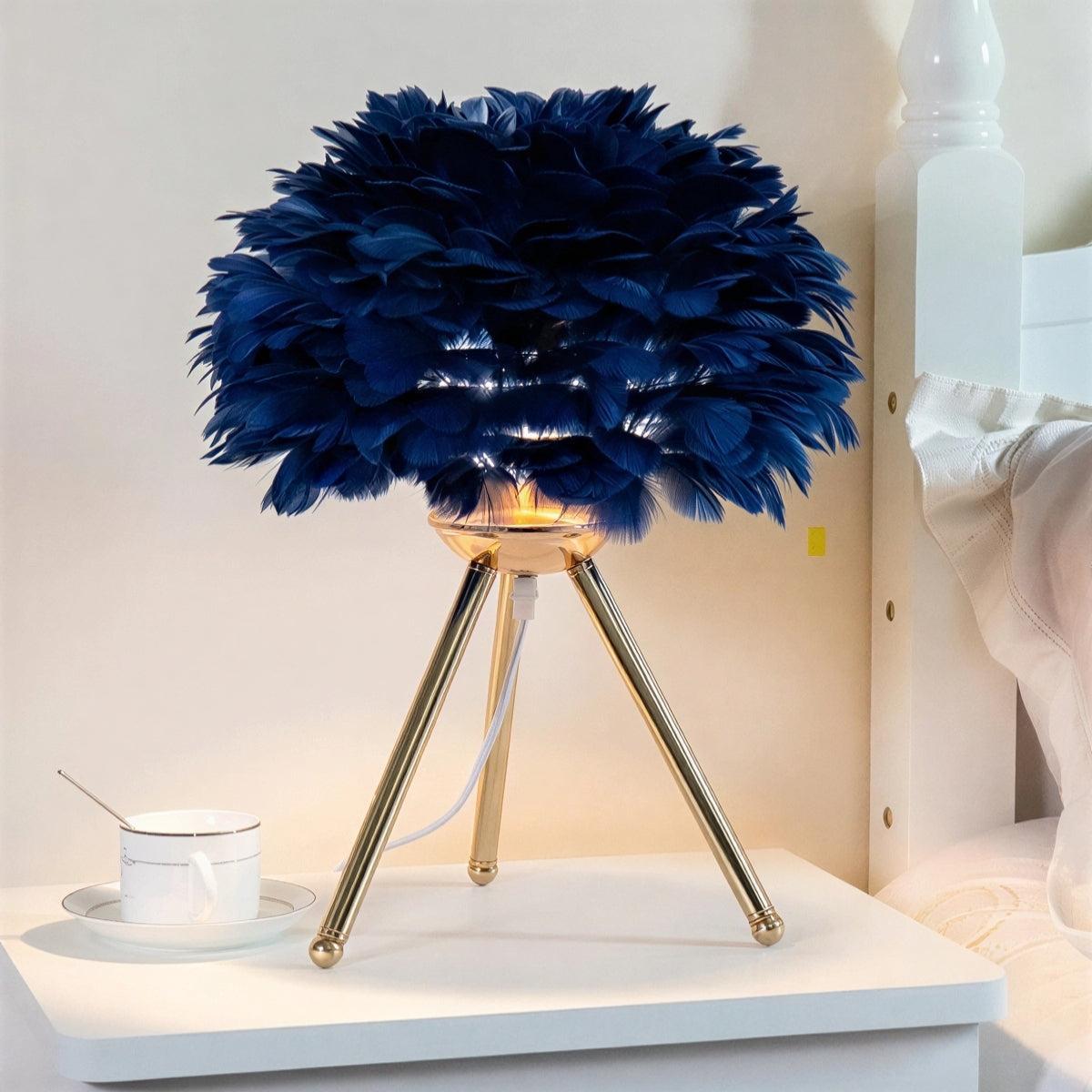 Table Lamp With Feathered Shade And Dimmable Glow