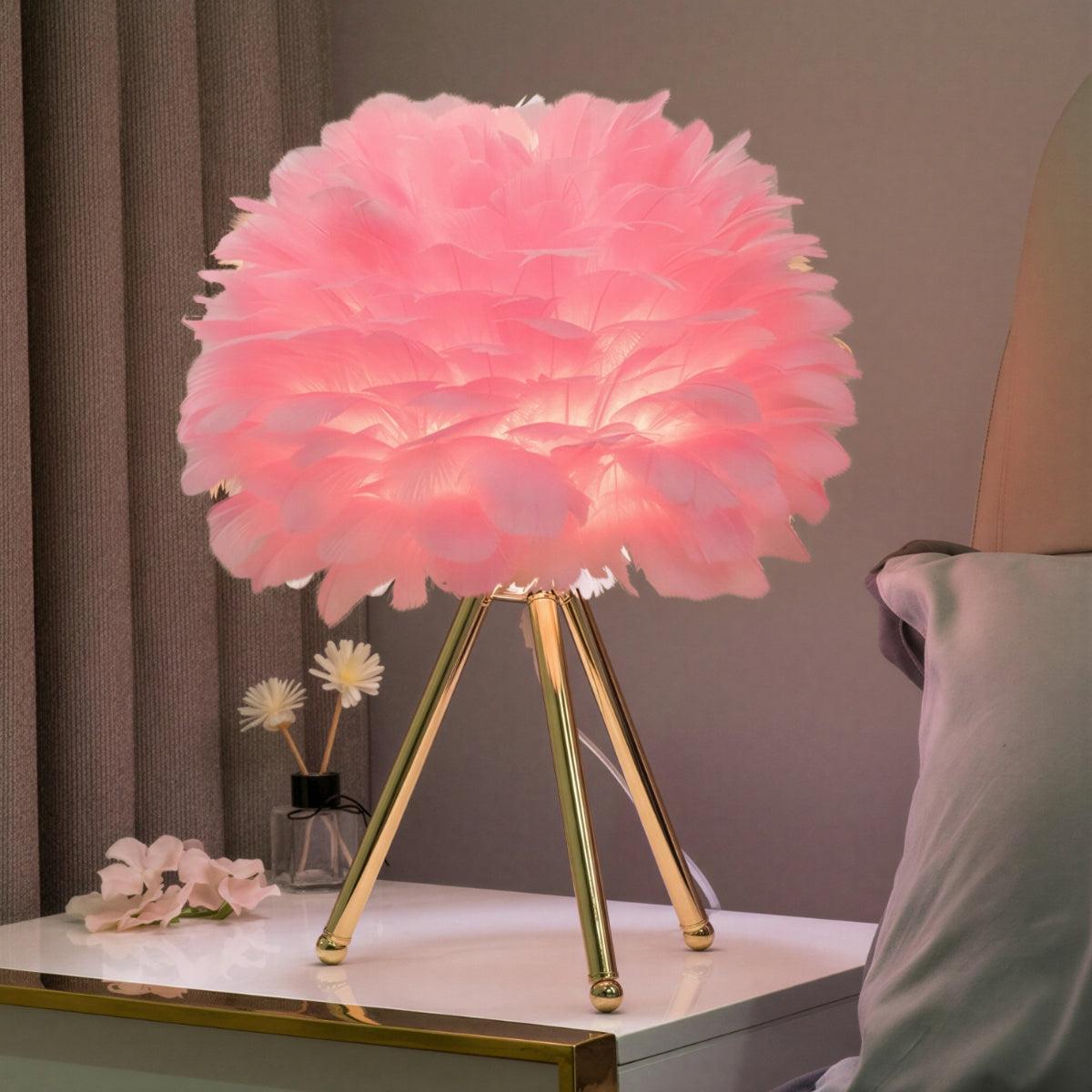 Table Lamp With Feathered Shade And Dimmable Glow