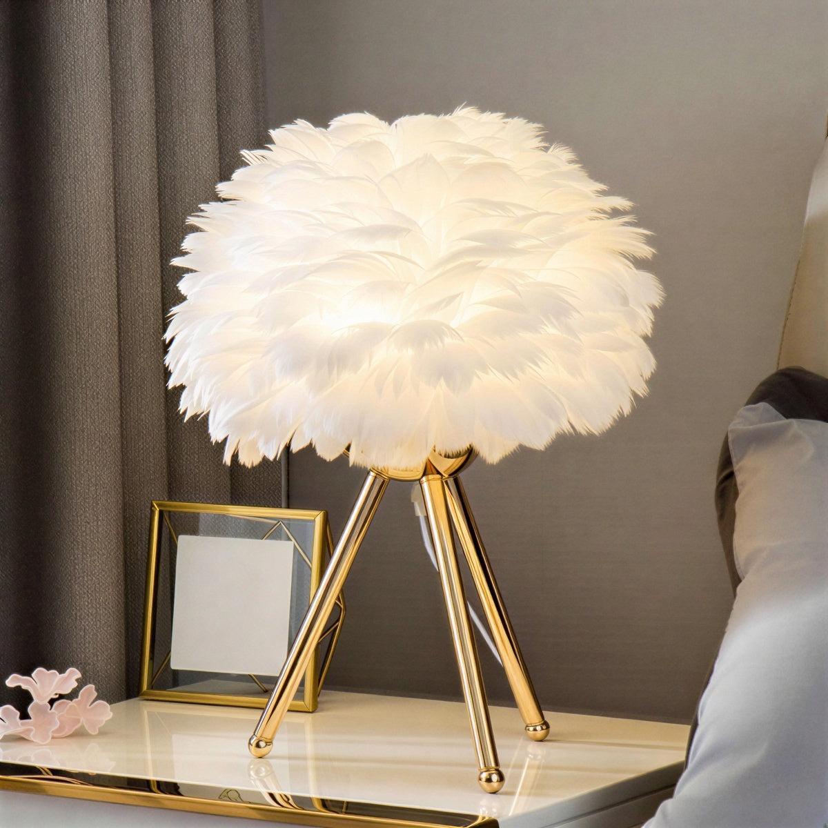 Table Lamp With Feathered Shade And Dimmable Glow