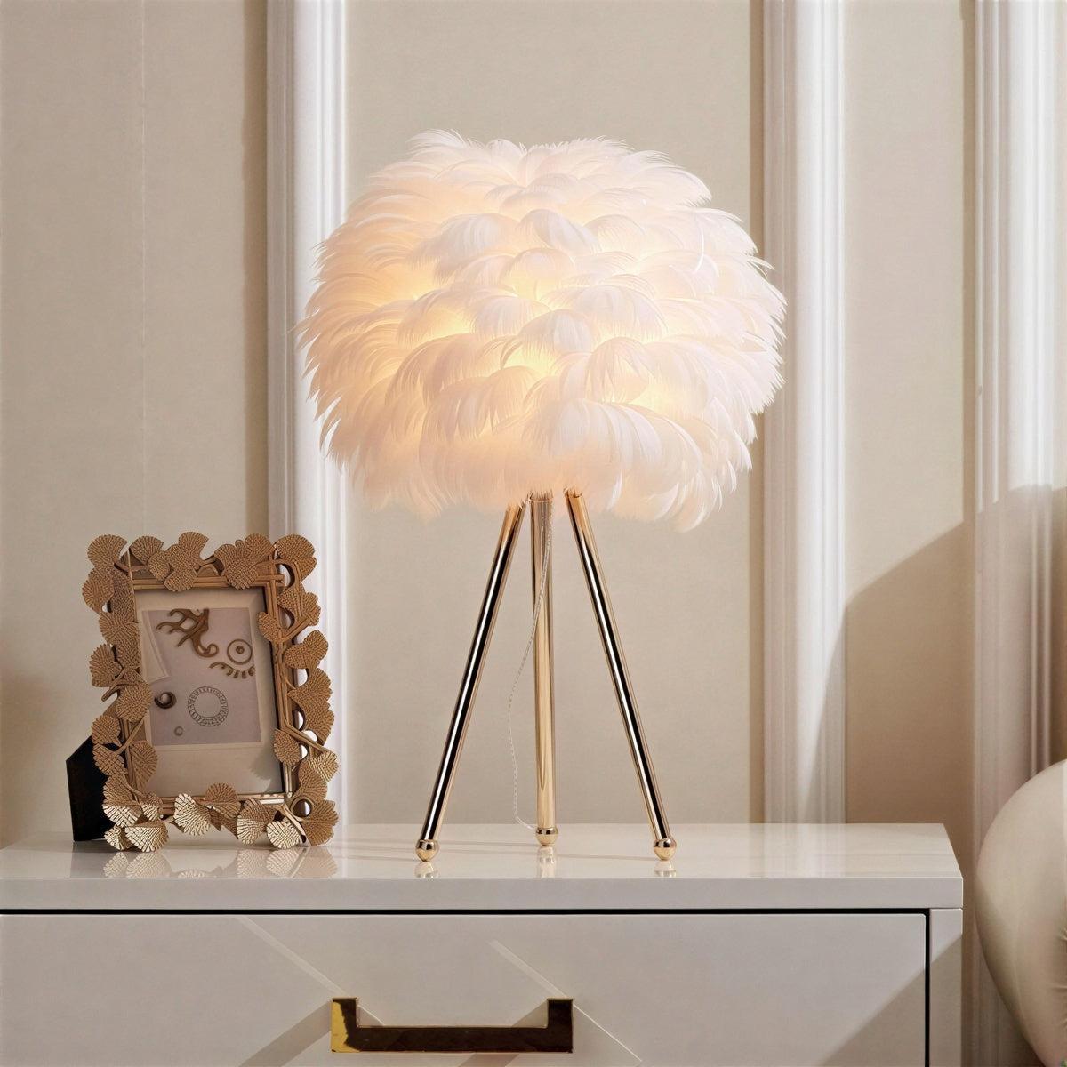 Table Lamp With Feathered Shade And Dimmable Glow