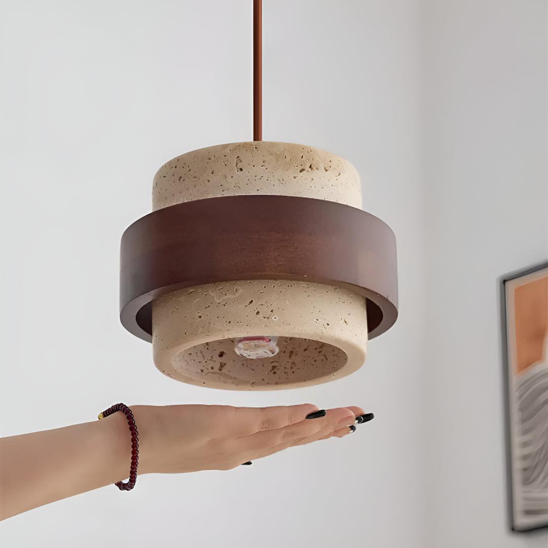 Travertine Ceiling Light Pendant Lamp With Wood Accent Design