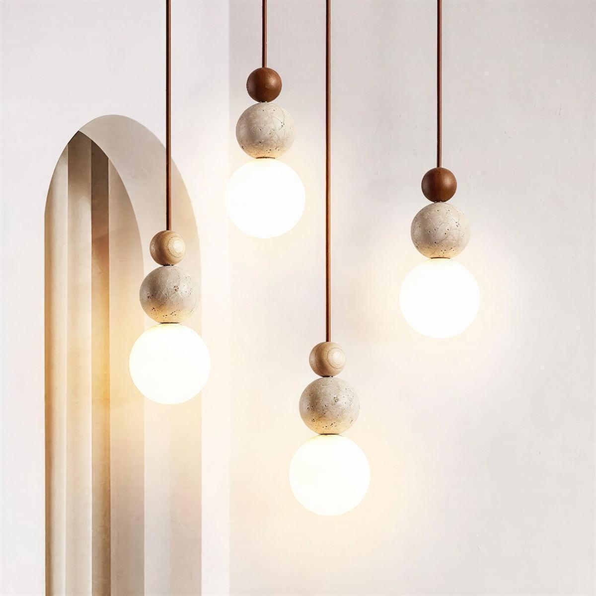 Travertine Pendant Light With Sculpturally Stacked Globe Shades