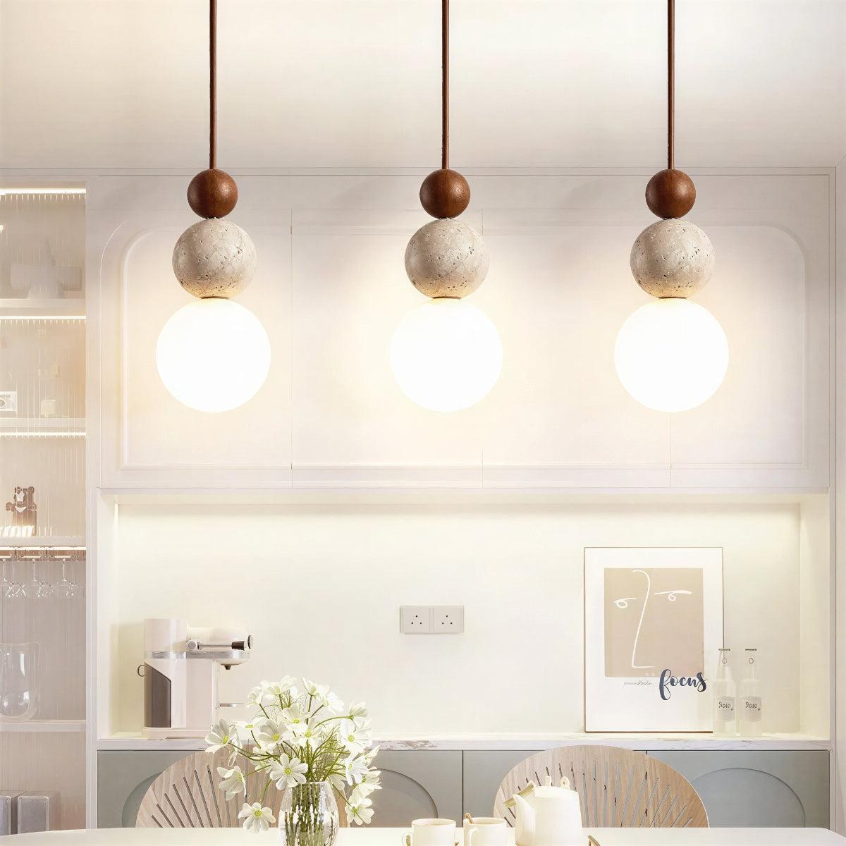 Travertine Pendant Light With Sculpturally Stacked Globe Shades