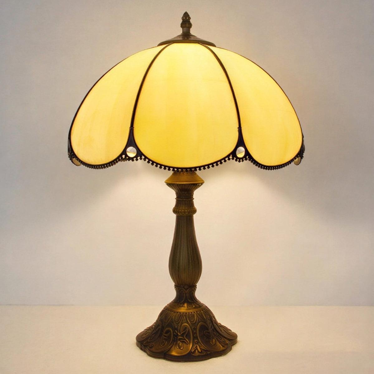 Vintage Antique Table Lamp With Floral Patterned Stained Glass Art