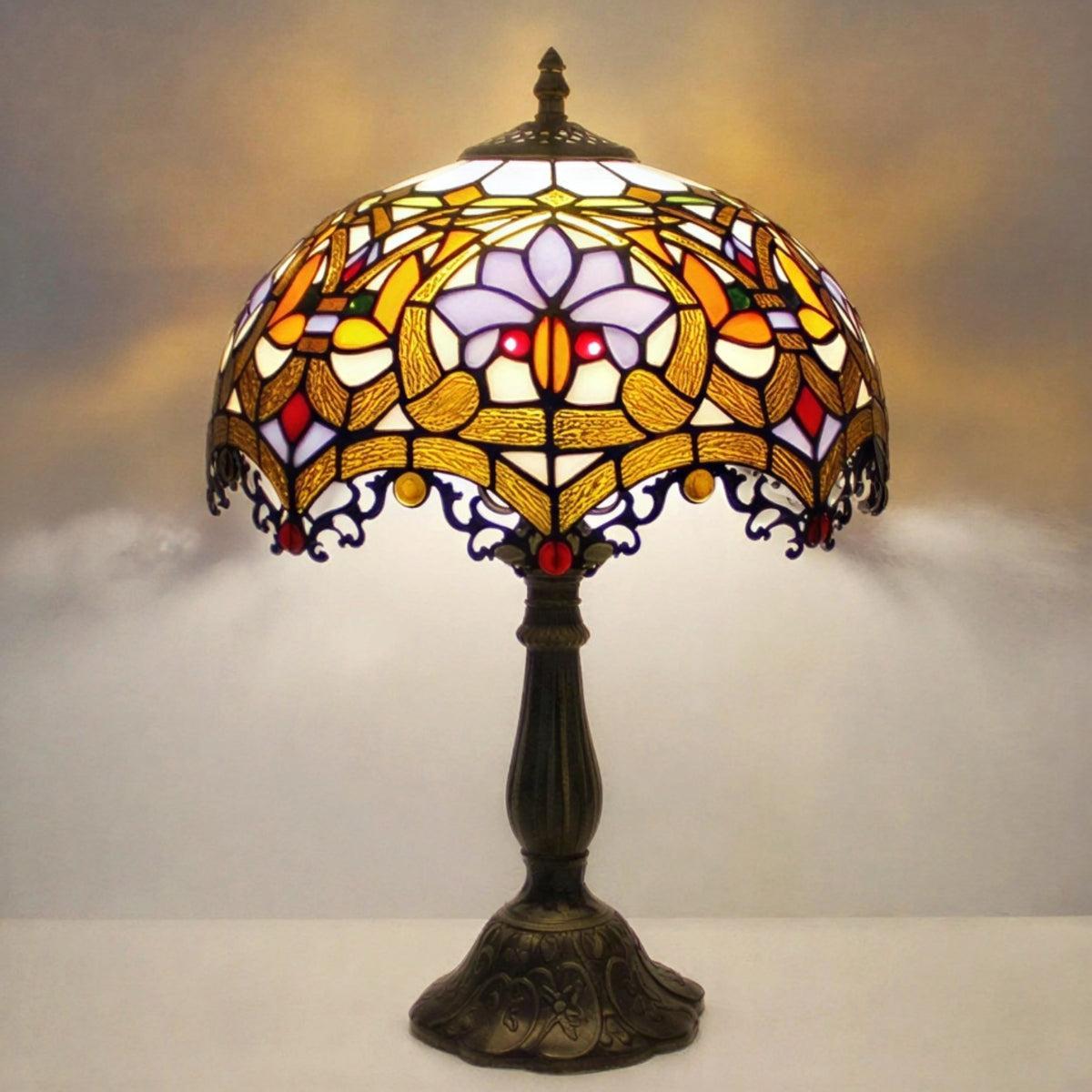 Vintage Antique Table Lamp With Floral Patterned Stained Glass Art