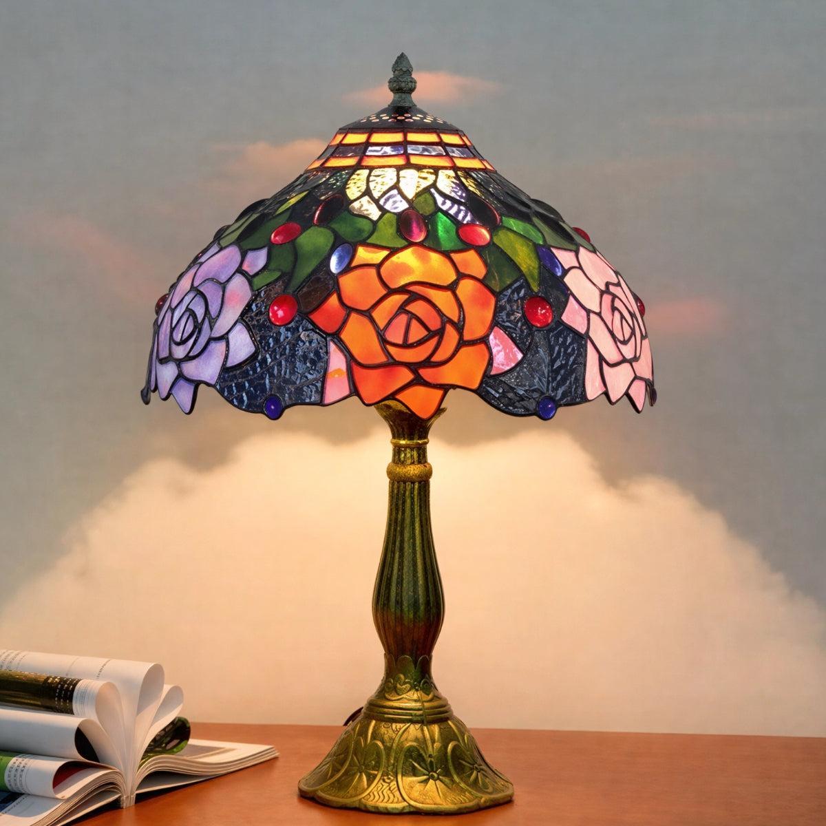 Vintage Antique Table Lamp With Floral Patterned Stained Glass Art