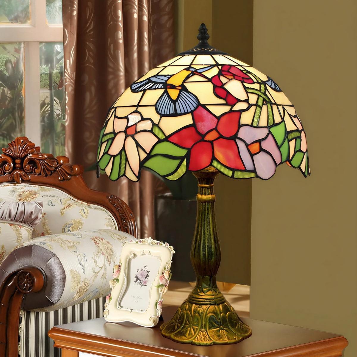 Vintage Antique Table Lamp With Floral Patterned Stained Glass Art