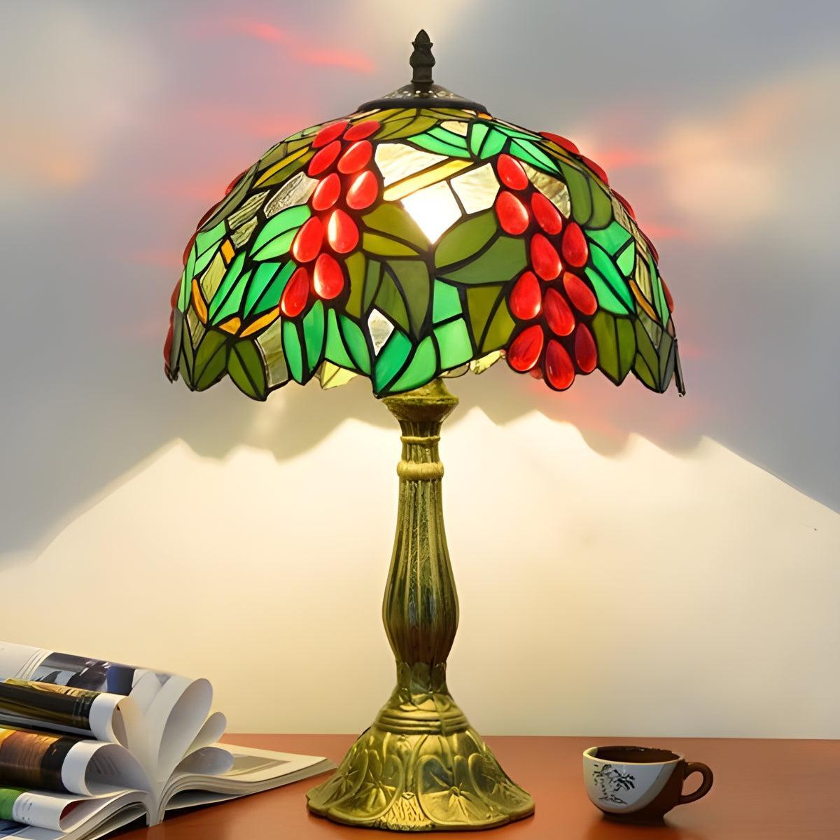 Vintage Antique Table Lamp With Floral Patterned Stained Glass Art