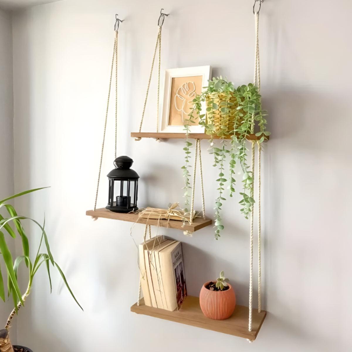 Wall Mounted Floating Hanging Shelves With Wooden Design