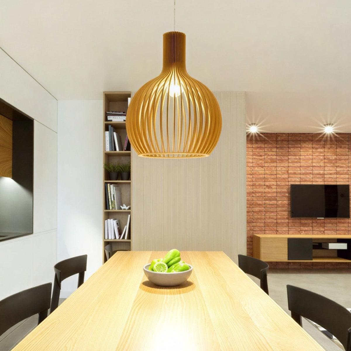 Wooden Hanging Pendant Light With Geometric Open Cage