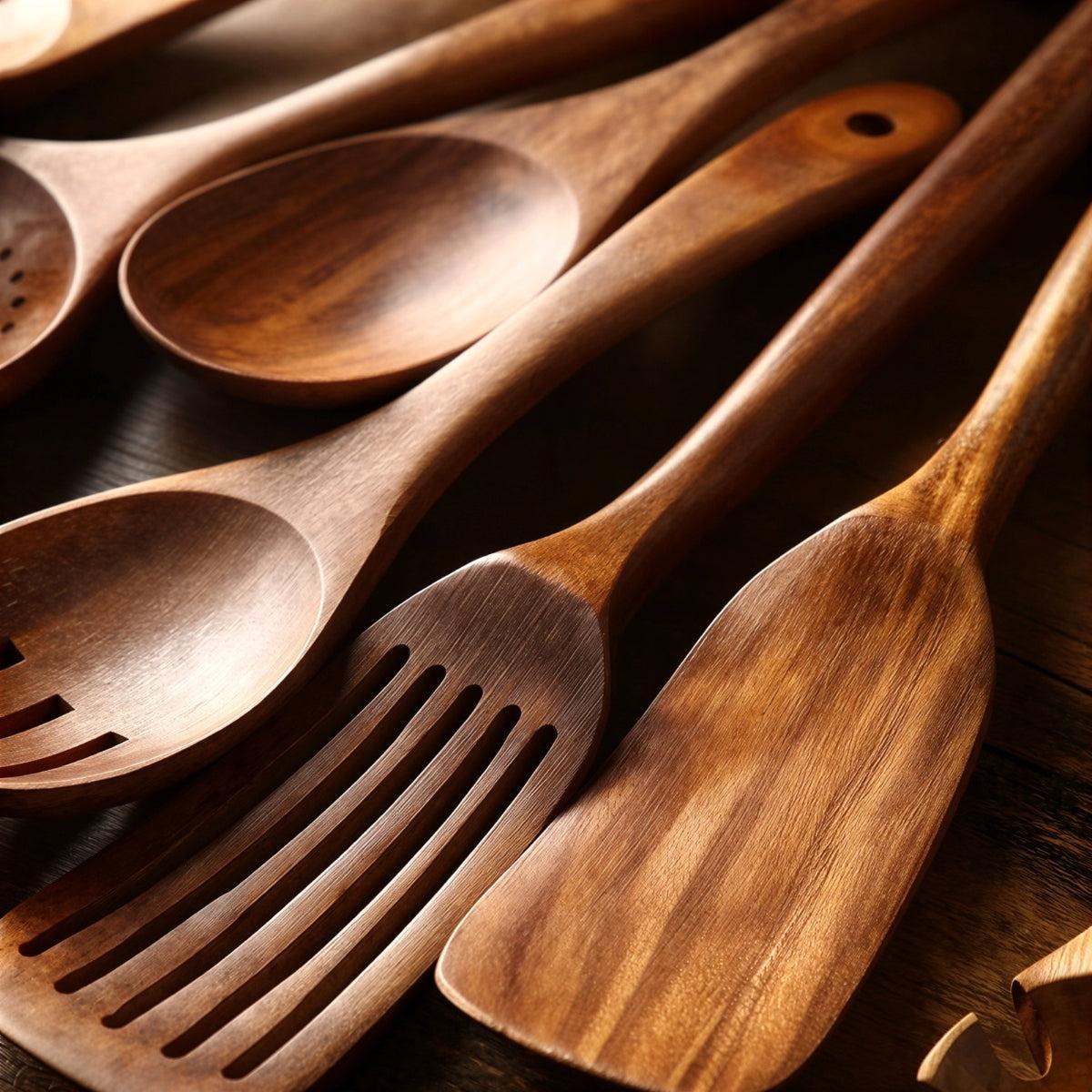 Wooden Kitchen Utensil Set With Serving Spoons And Holder