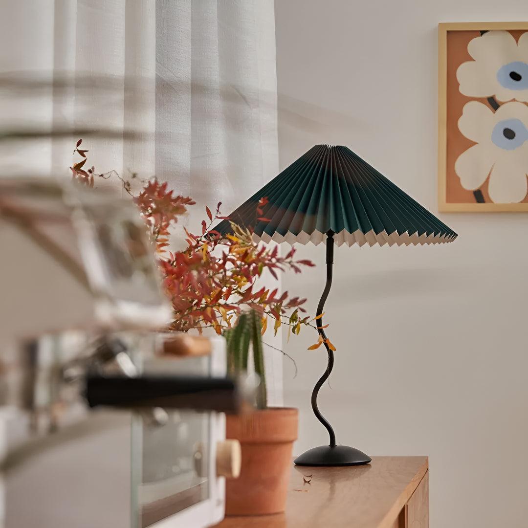 Bedside Table Lamp With Pleated Shade And Squiggled Curved Stem